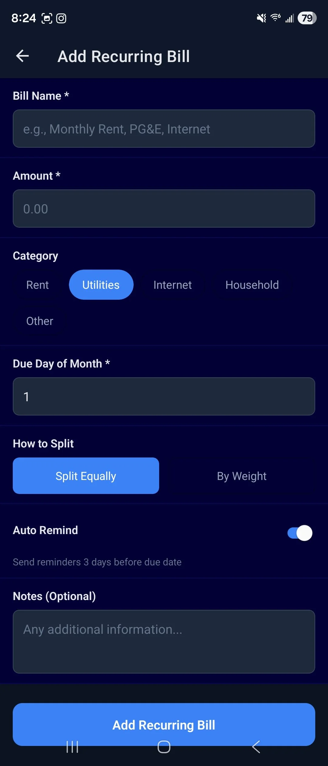 Mobile screen showing a form for adding a recurring bill, including fields for bill name, amount, category, due date, payment splitting options, auto reminder toggle, and optional notes, with a blue 'Add Recurring Bill' button at the bottom.