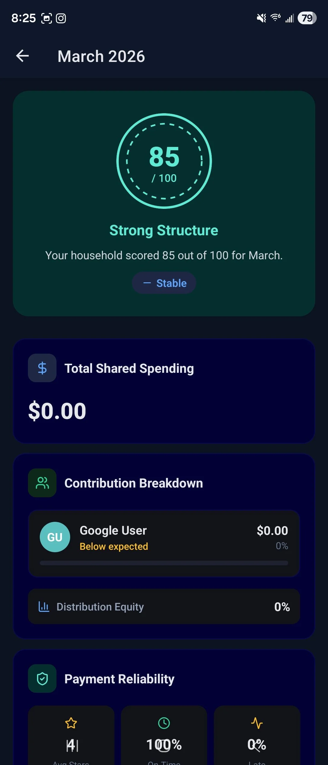 Screen shot of a financial app showing a household's March 2026 credit score of 85 out of 100, labeled "Strong Structure," with a status of "Stable," and details of shared spending, contribution breakdown, and payment reliability.