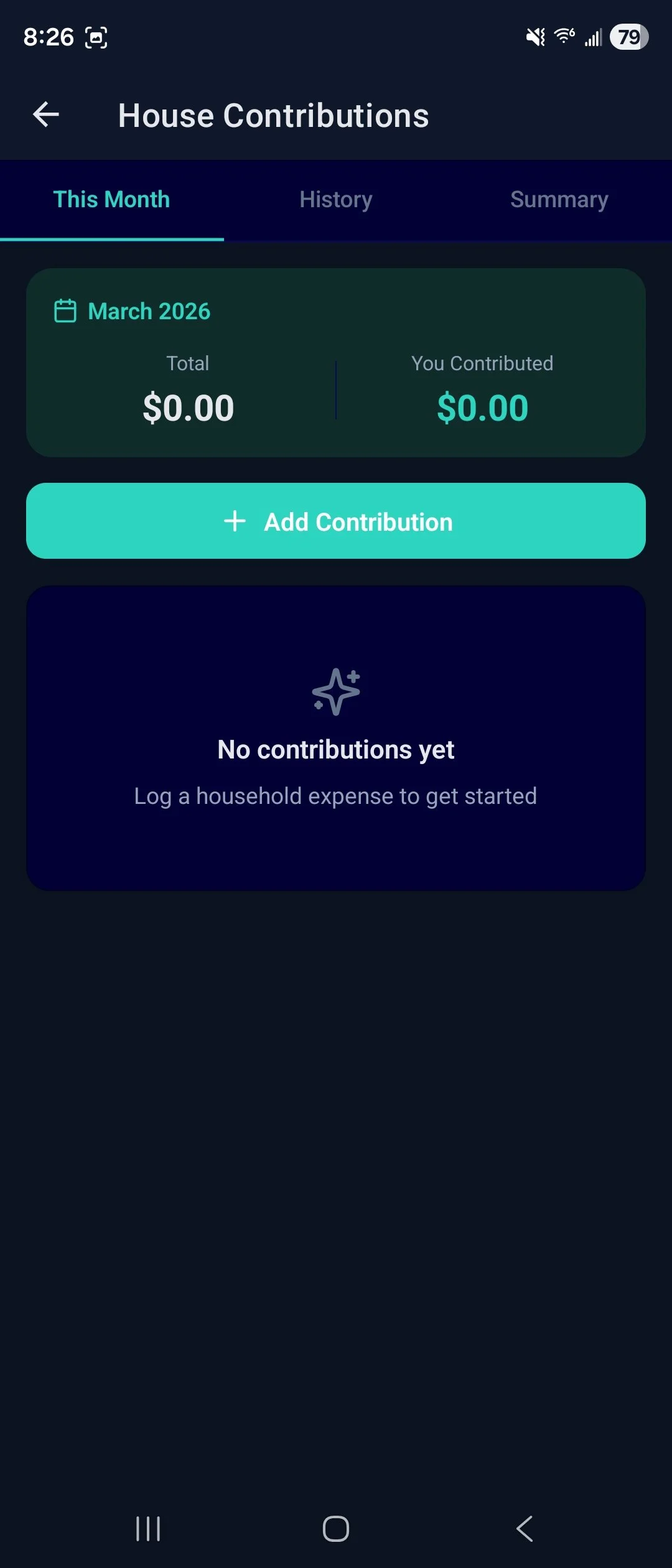Screenshot of a mobile app displaying house contributions for March 2026 with a total of $0.00 and no contributions made yet.