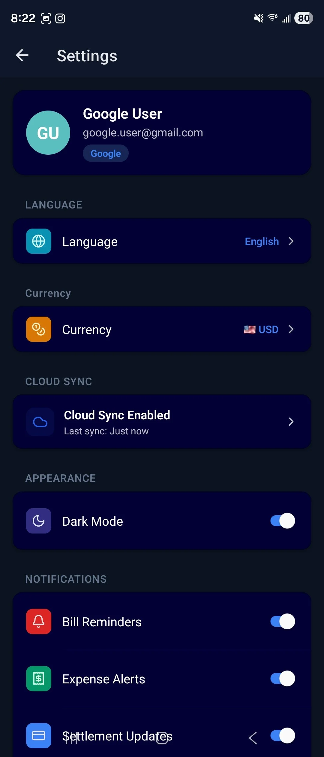 Screenshot of a mobile app settings menu showing user information, language set to English, currency set to USD, cloud sync enabled, dark mode toggled on, and notification settings for bill reminders, expense alerts, and settlement updates.