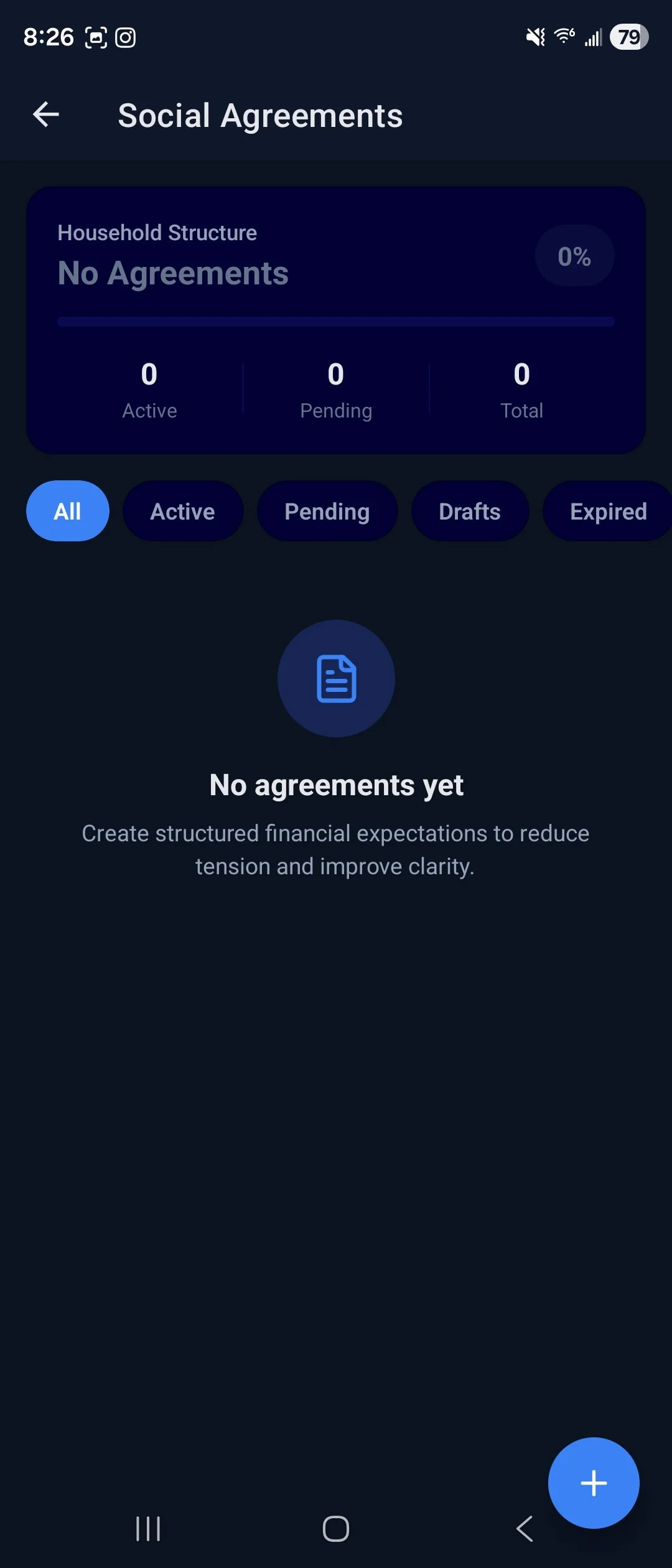 Screenshot of a mobile app displaying social agreements with no agreements created yet, showing tabs for all, active, pending, drafts, and expired, and a plus button for adding new agreements.
