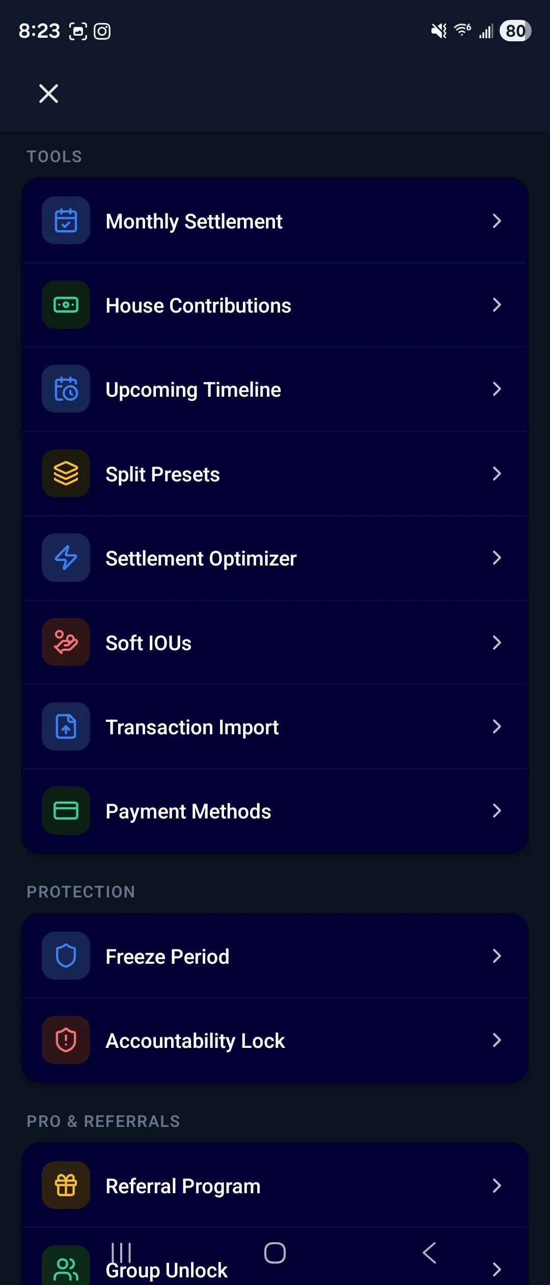 Screenshot of a financial app menu with options for tools, protection, and referrals, including Monthly Settlement, House Contributions, Upcoming Timeline, Split Presets, Settlement Optimizer, Soft IOUs, Transaction Import, Payment Methods, Freeze Pe