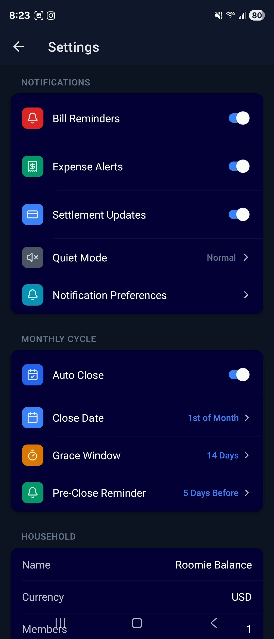 Mobile app settings screen showing notification preferences, monthly cycle settings, and household account details.