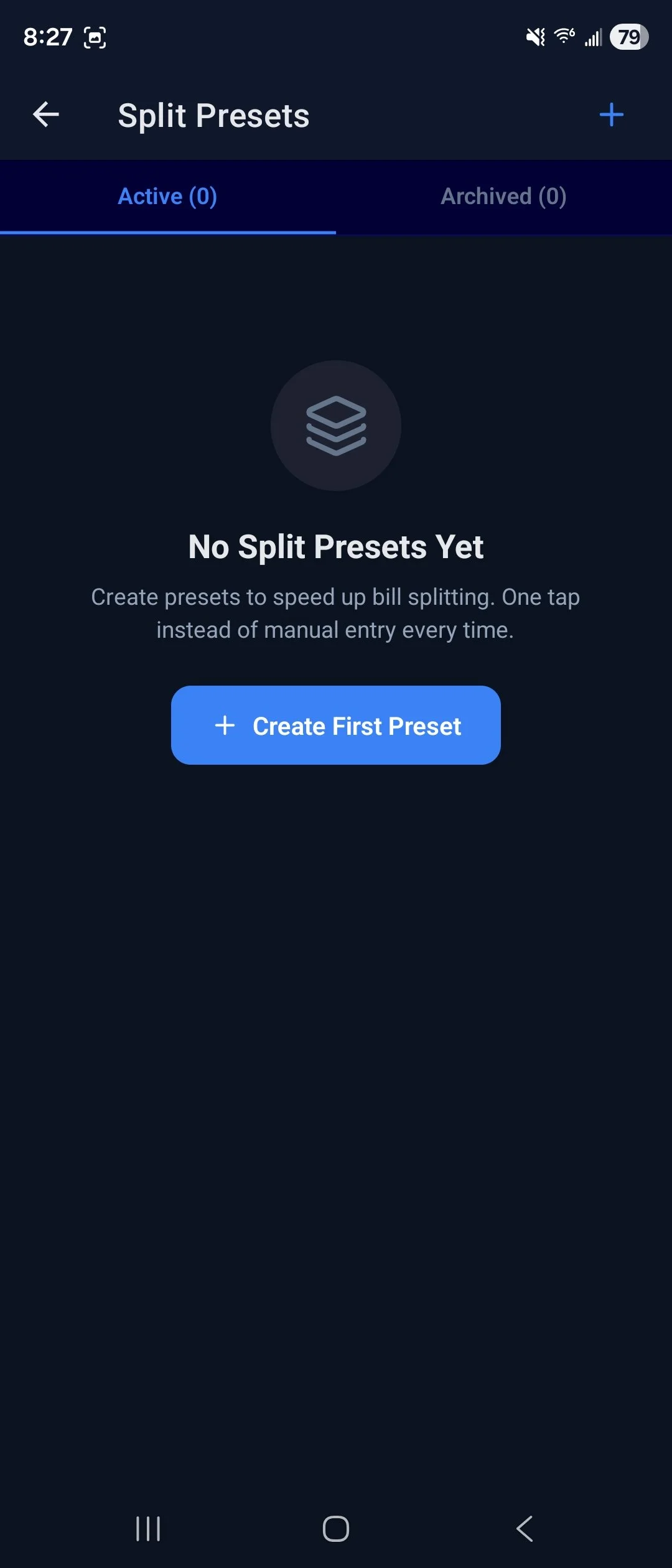 Screenshot of a mobile app interface titled "Split Presets" showing no presets created and a blue button labeled "Create First Preset."