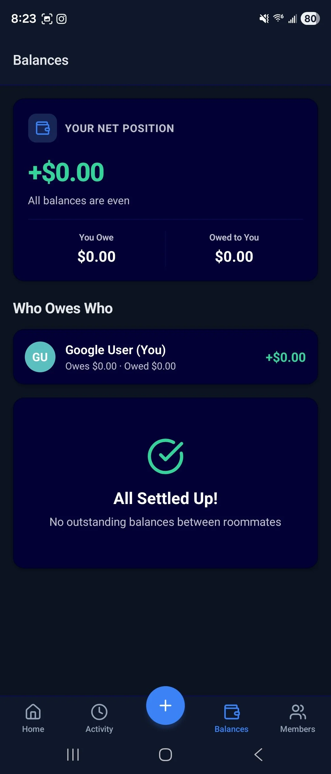 Screenshot of a mobile app showing a zero balance in a group expenses or bill-splitting feature, with all items settled and no outstanding debts.
