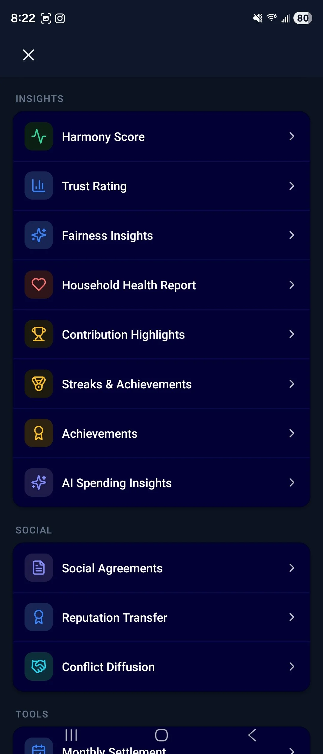 Screenshot of a mobile app menu showing sections on insights, social, and tools, with categories like Harmony Score, Trust Rating, Household Health Report, and Social Agreements.