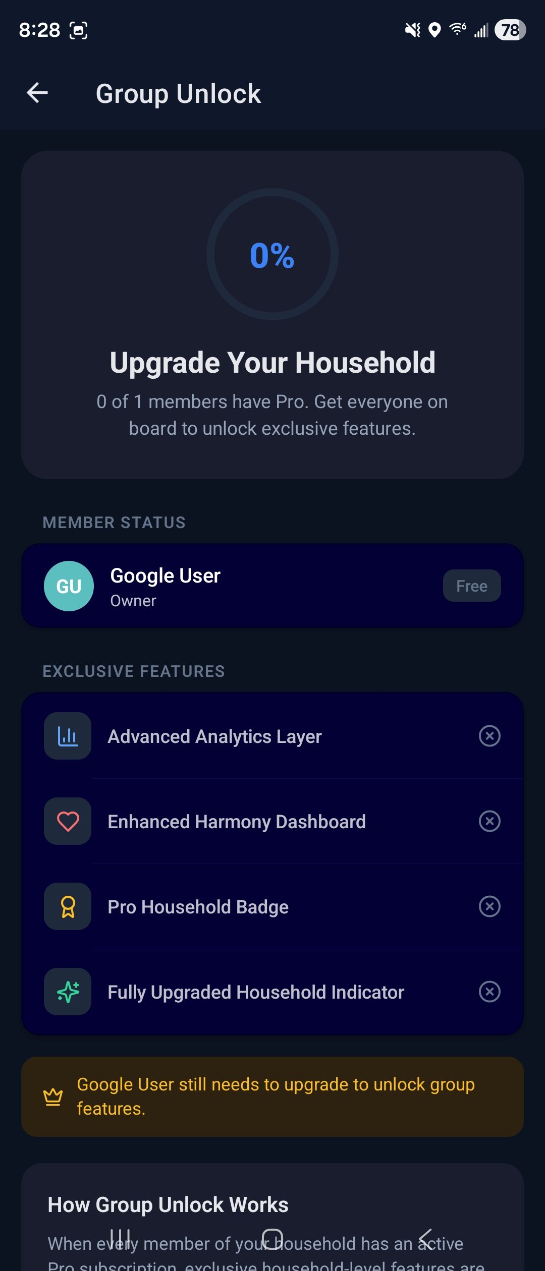 Screenshot of a mobile app showing a group unlock feature with a 0% progress bar, options to upgrade the household, member status with a Google User as owner, and a list of exclusive features including advanced analytics, enhanced dashboard, badge, a