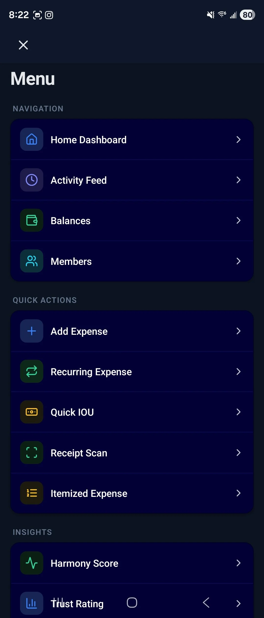 Screenshot of a mobile app menu showing sections for navigation, quick actions, and insights, including options like Home Dashboard, Activity Feed, Balances, Members, Add Expense, Recurring Expense, Quick IOU, Receipt Scan, Itemized Expense, Harmony 