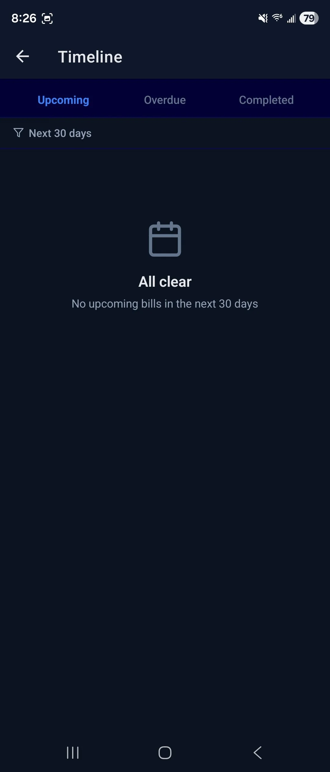 Mobile app screen showing a finance or bill management dashboard with a message 'All clear' and note 'No upcoming bills in the next 30 days.'