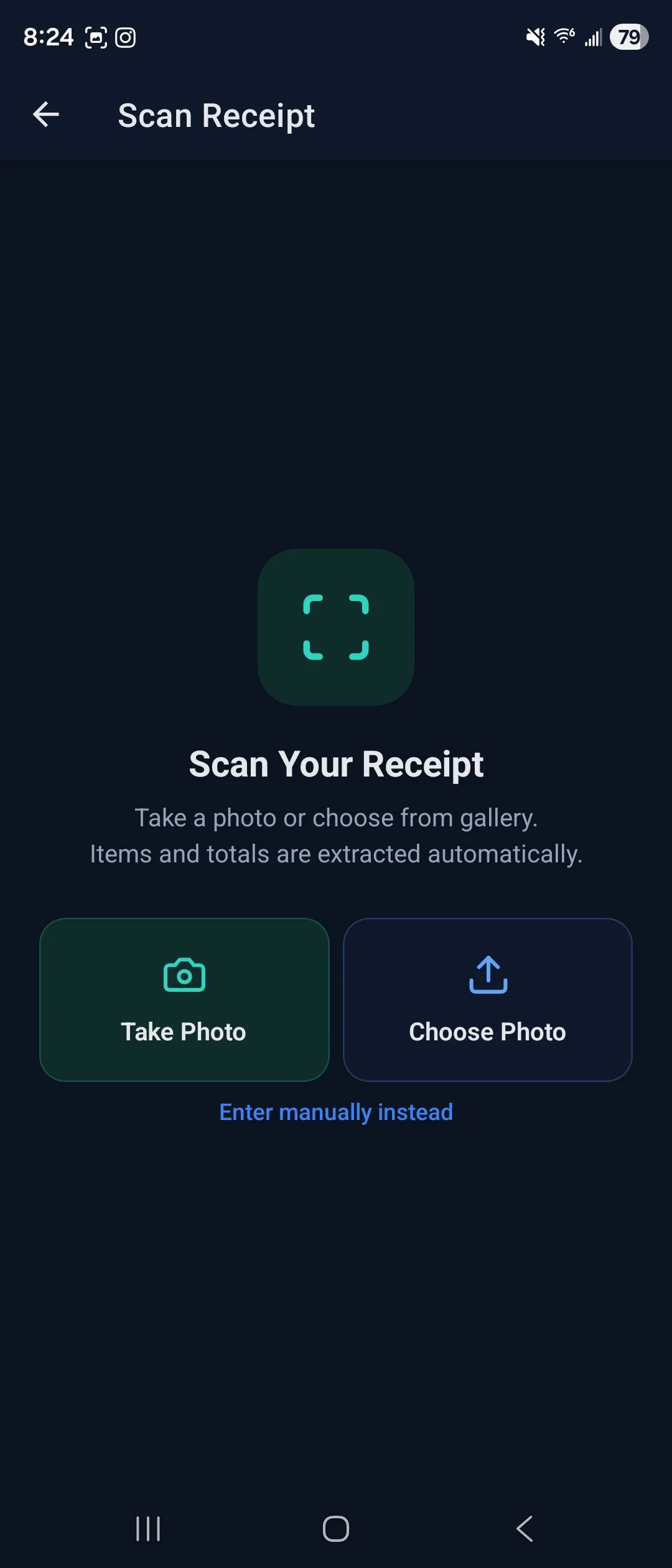 Screenshot of a mobile app interface for scanning receipts, with options to take or select a photo.