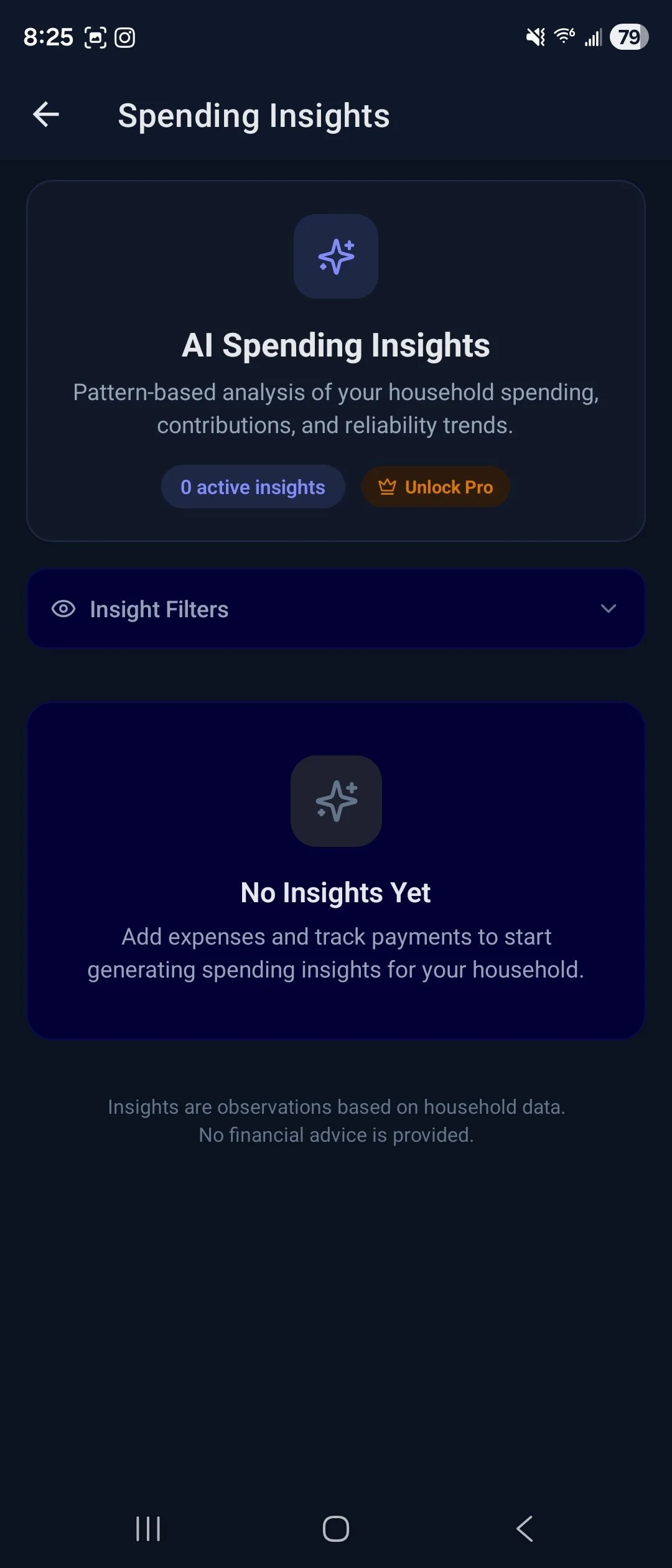 Screenshot of a mobile app interface showing 'Spending Insights' section with no active insights, options for insights filters, and a message about adding expenses and tracking payments to generate household spending insights.