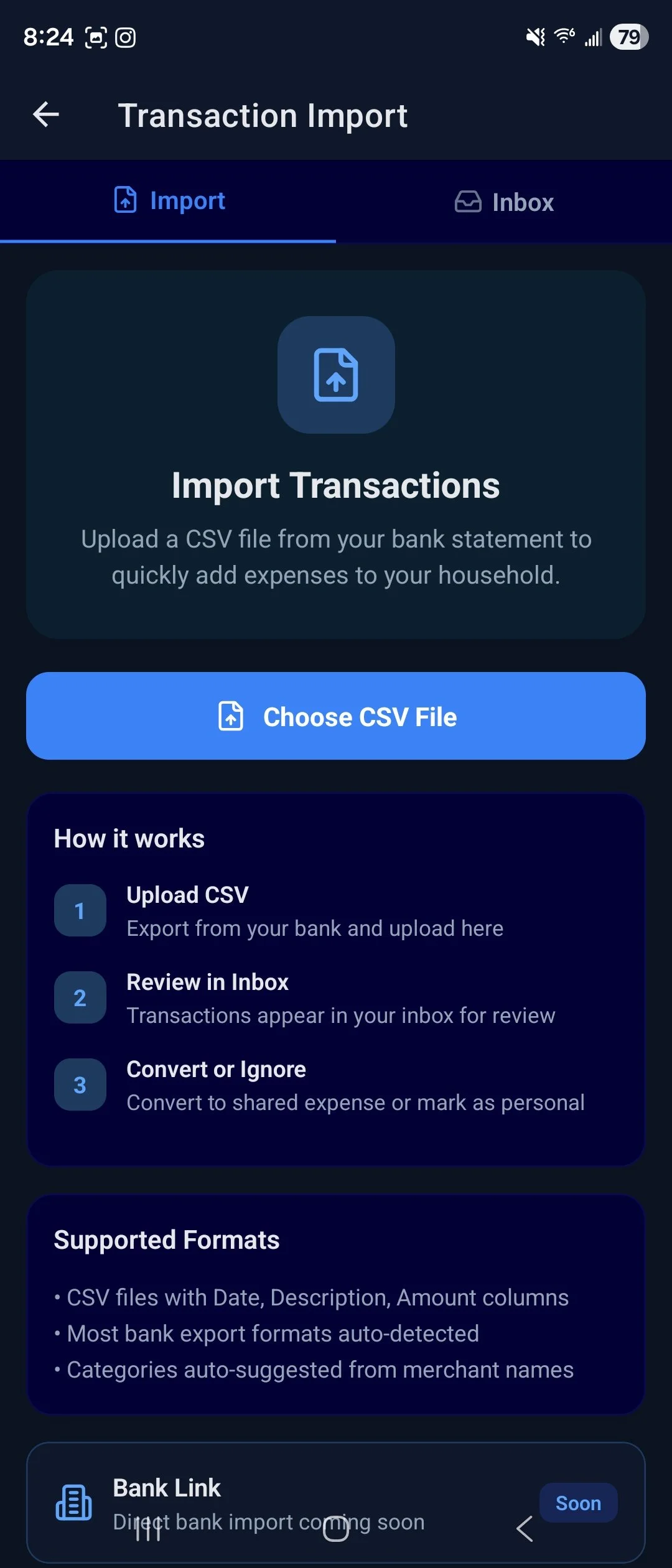 Mobile banking app screen displaying 'Transaction Import' section with options to upload CSV files for importing bank statement data, including instructions and supported formats.