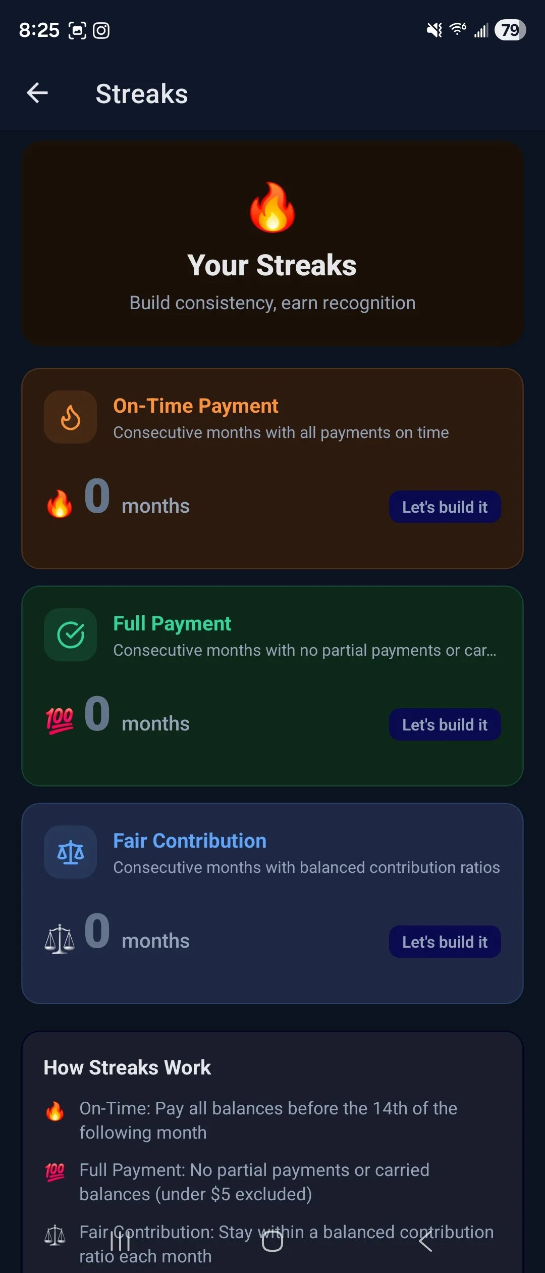 Screenshot of a financial app page showing different streaks for on-time payment, full payment, and fair contribution, with descriptions and build options for each.