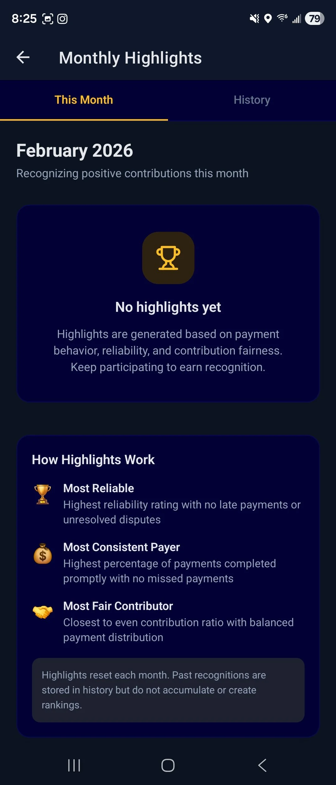Screenshot of a mobile app showing monthly highlights for February 2026 with no achievements earned yet, explaining how highlights are generated based on payment behavior, reliability, and contribution fairness, with descriptions of how highlights wo