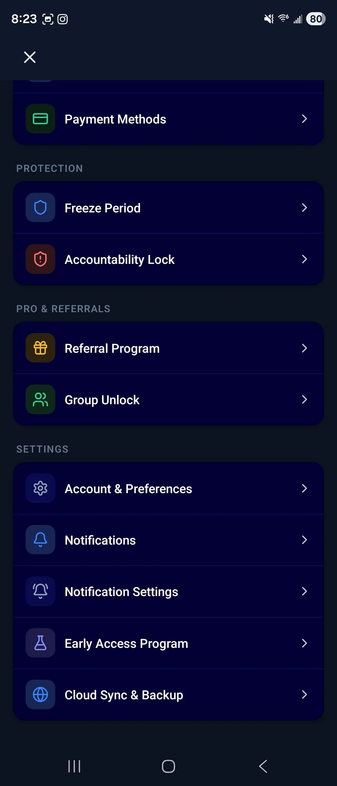 Screenshot of a mobile app settings menu showing options for payment methods, protection settings, referral program, group unlock, account preferences, notifications, early access program, and cloud sync & backup.
