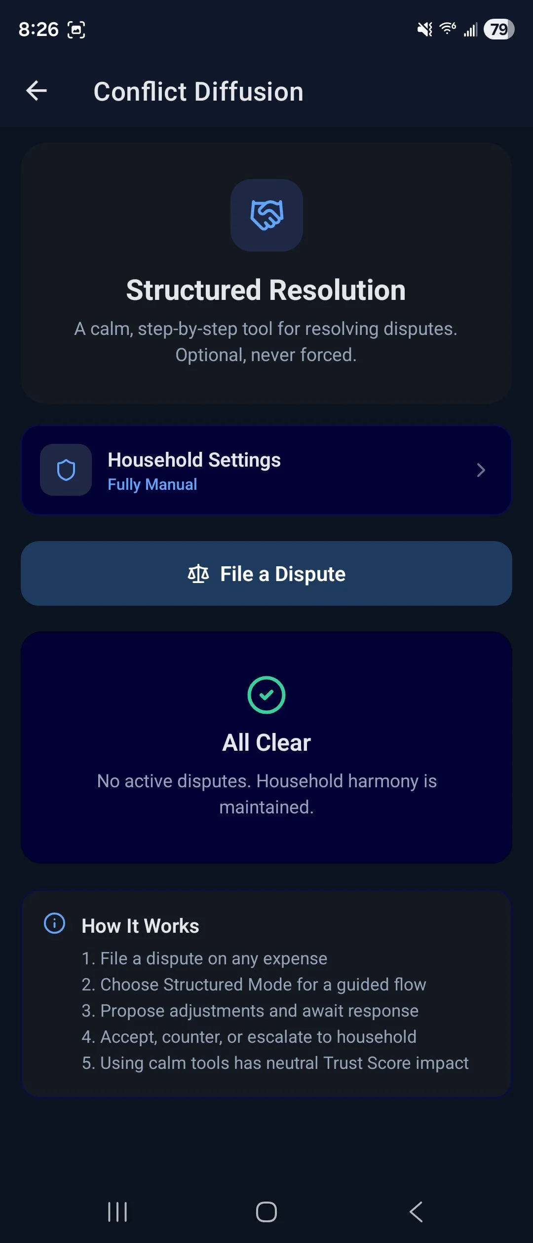 Mobile app screen showing a conflict resolution tool with options to file a dispute, manage household settings, and confirm all conflicts are resolved.