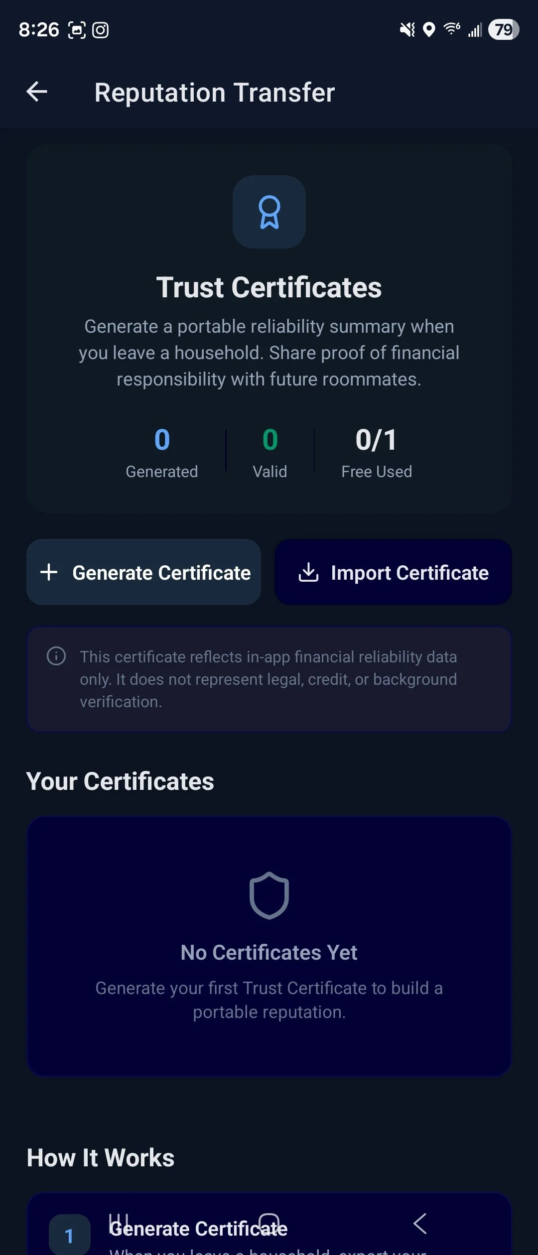 Screenshot of a mobile app interface showing a 'Reputation Transfer' section with options to generate or import trust certificates, which are used to share financial reliability proof with household members.