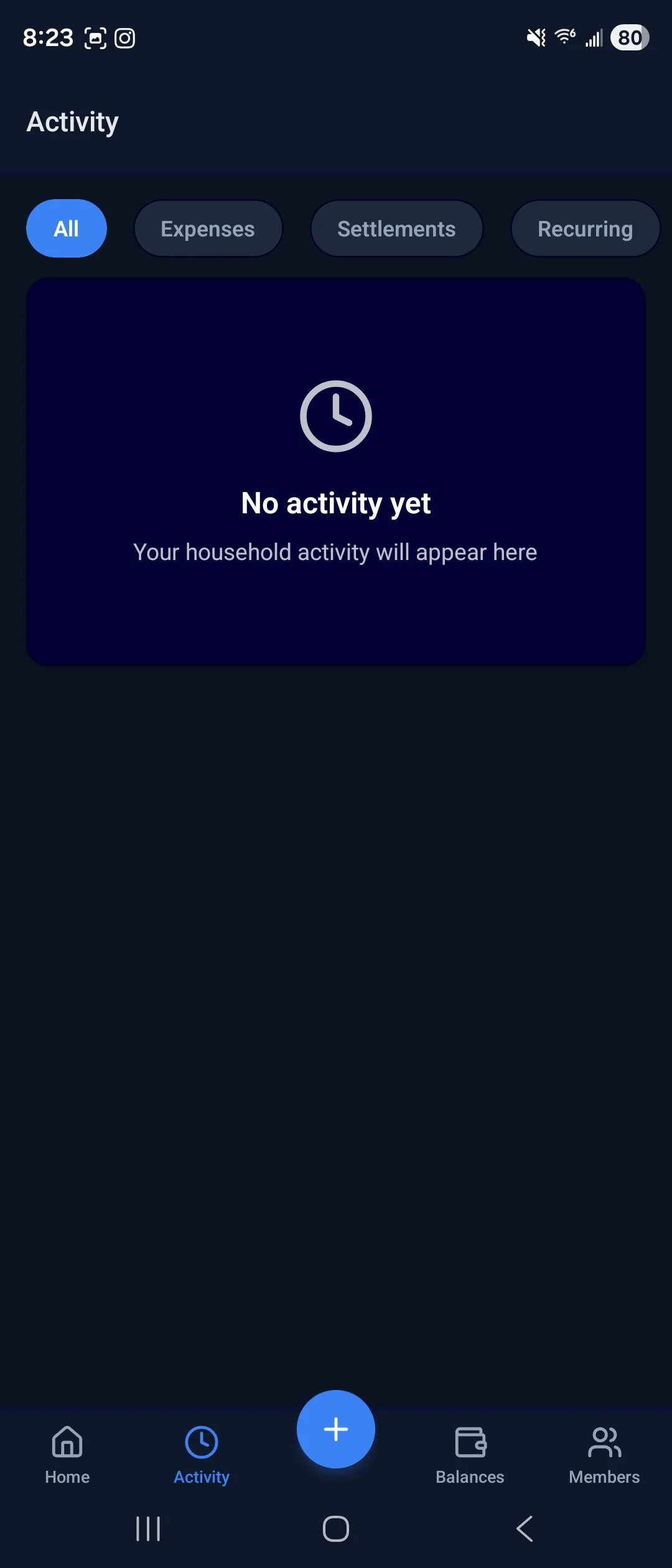 Screenshot of a mobile app showing a dashboard with the message 'No activity yet' and the phrase 'Your household activity will appear here.' The app's navigation bar at the bottom includes icons for Home, Activity, Add, Balances, and Members.