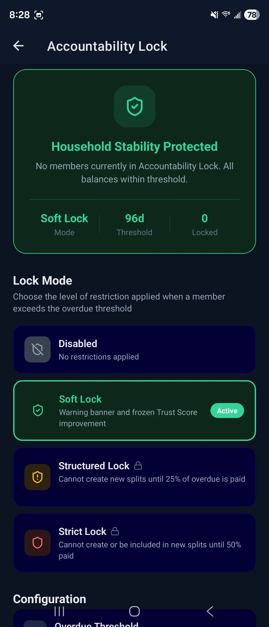 Screenshot of a mobile app showing household account stability status with no members in accountability lock, current lock mode is Soft Lock with a 96-day threshold and zero locked members, and options for Lock Modes and configurations.