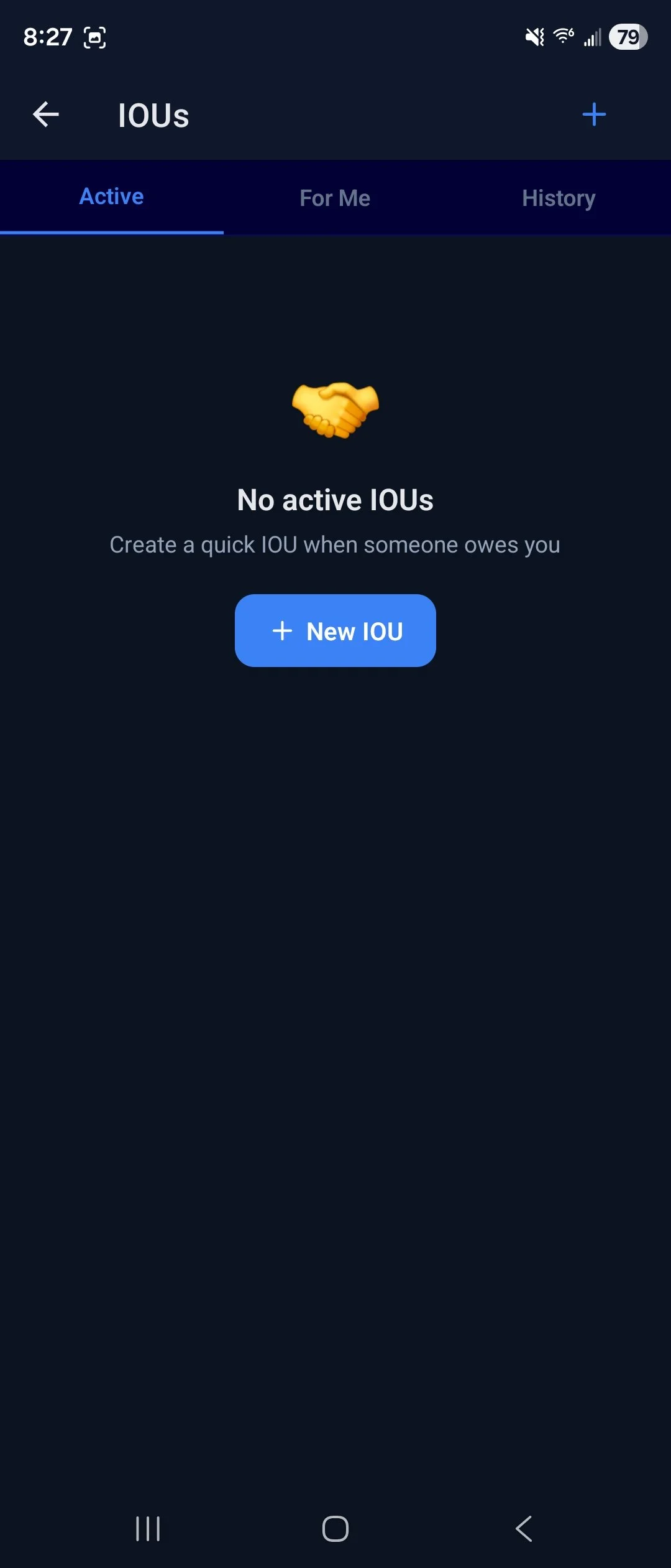 Screenshot of a mobile app showing no active IOUs and a blue button labeled '+ New IOU' on a dark background.