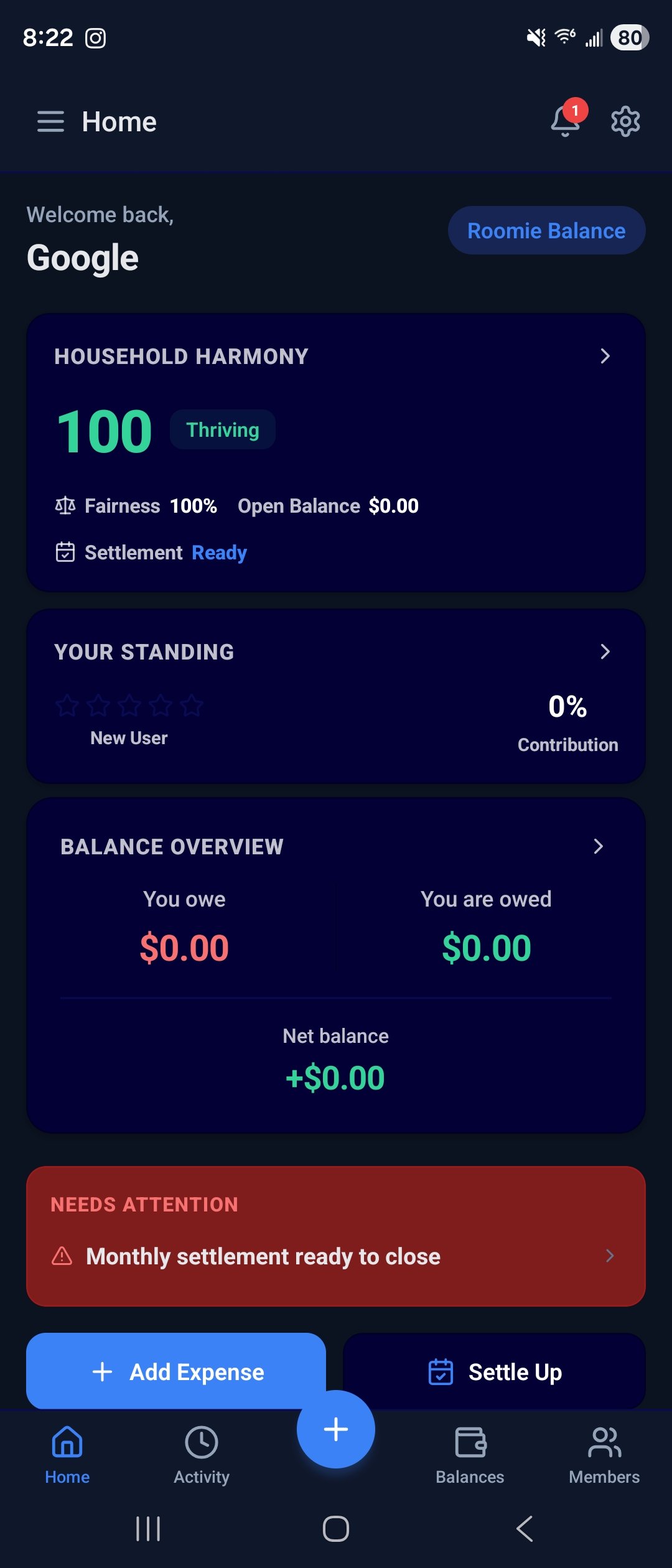 Mobile banking app screen showing household harmony account with a score of 100, settlement status as ready, zero owed or owing, and a red alert for pending monthly settlement.