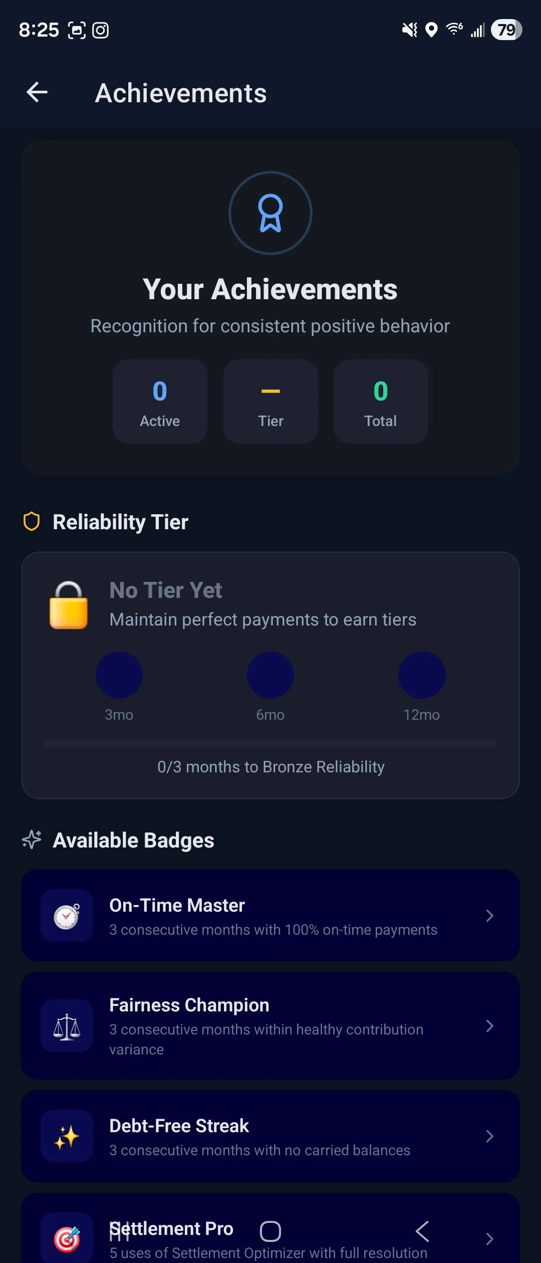 Mobile screen displaying achievements, badges, and progress toward reliability tiers, with a dark background and blue accents.