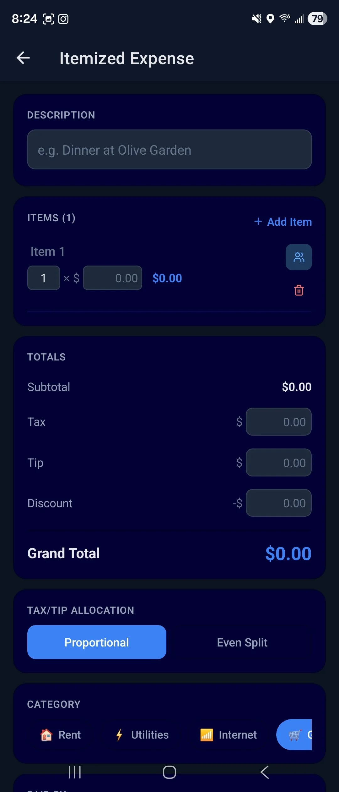 Screenshot of an expense tracking app with sections for item description, itemized costs, total calculations, tax and tip allocation options, and categories including Rent, Utilities, and Internet.