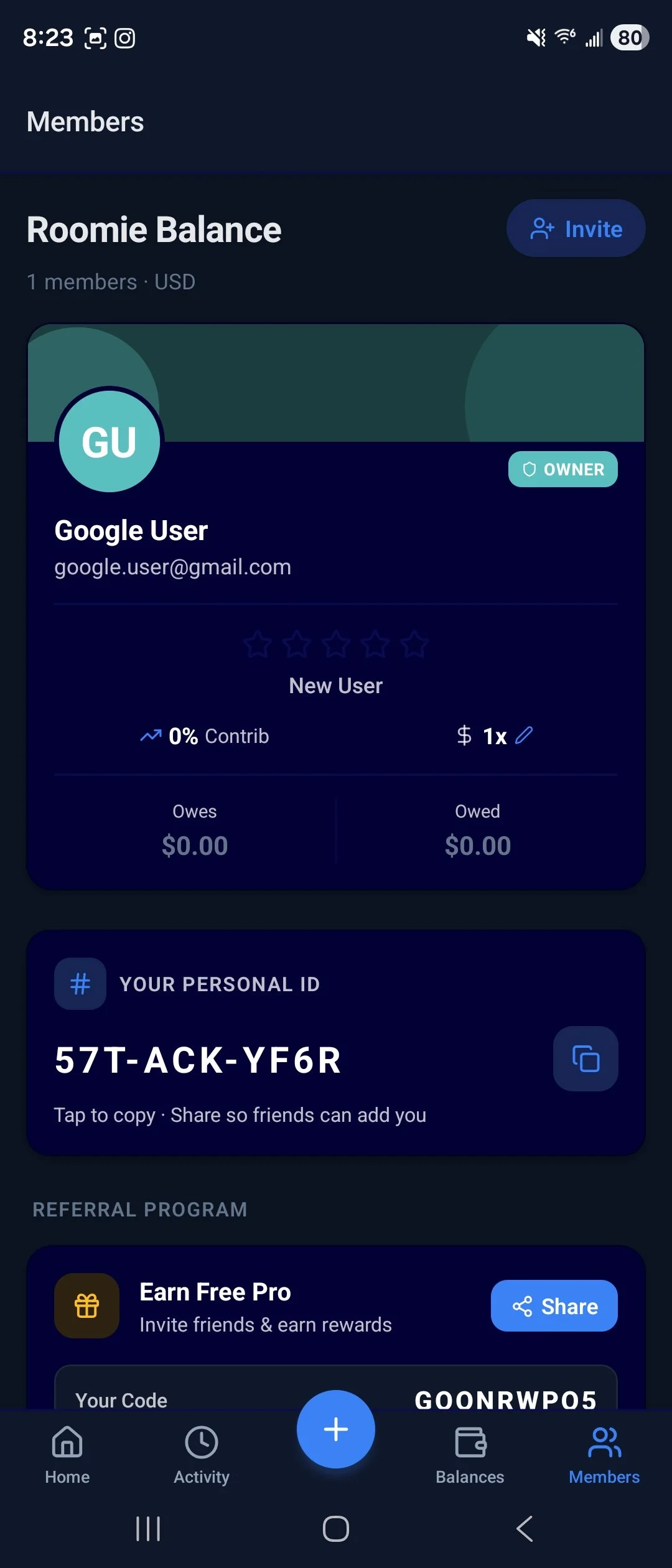 Screenshot of a mobile app interface displaying a user's roomie balance, personal information, referral program, and navigation tabs at the bottom.