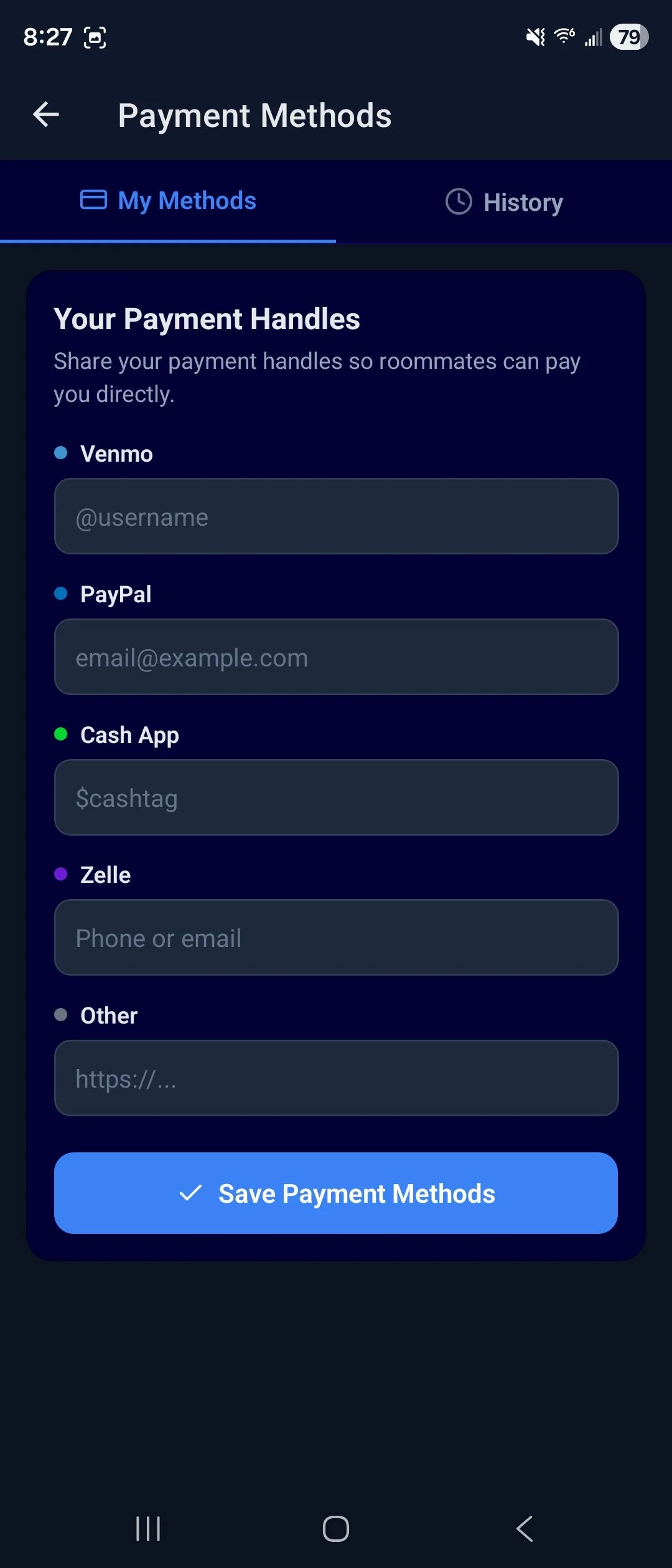 Screenshare of a mobile app displaying payment methods, including Venmo, PayPal, Cash App, Zelle, and other options, with a save button at the bottom.