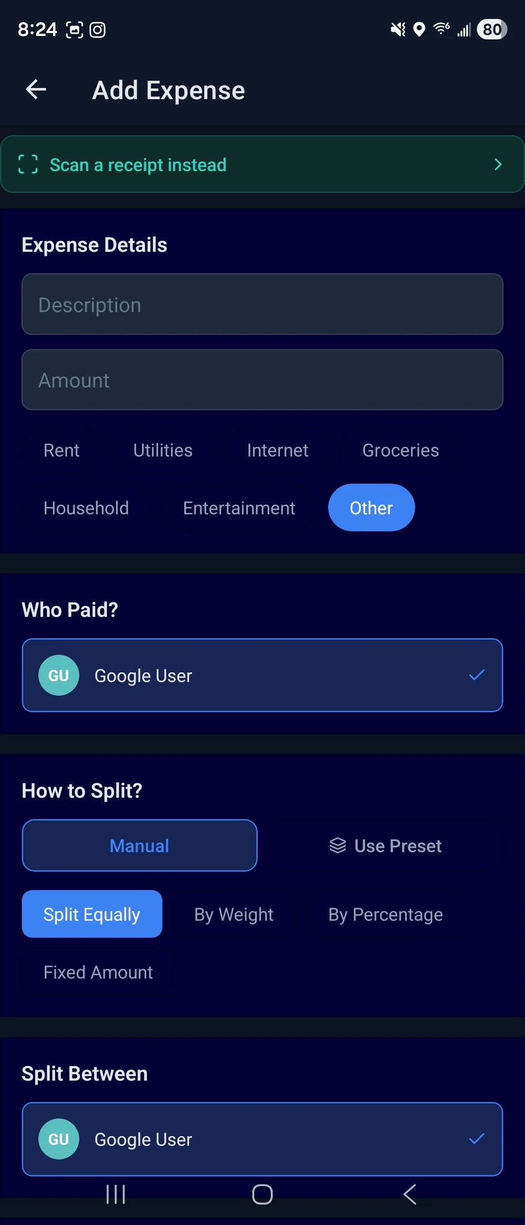 Screenshot of a mobile app interface for adding an expense, showing fields for description and amount, expense categories, payment method, how to split the bill, and options for splitting.