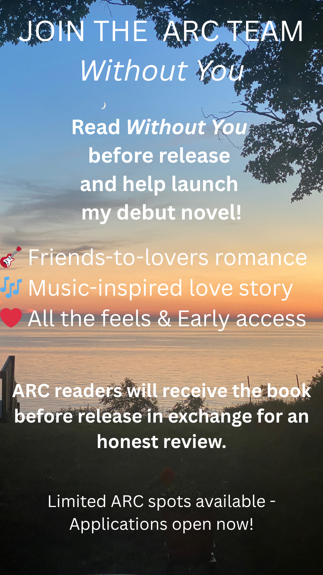 ARC team signup for Without you by Jenn Currie deFouw, a friends-to-lovers contemporary romance with music and emotional storytelling