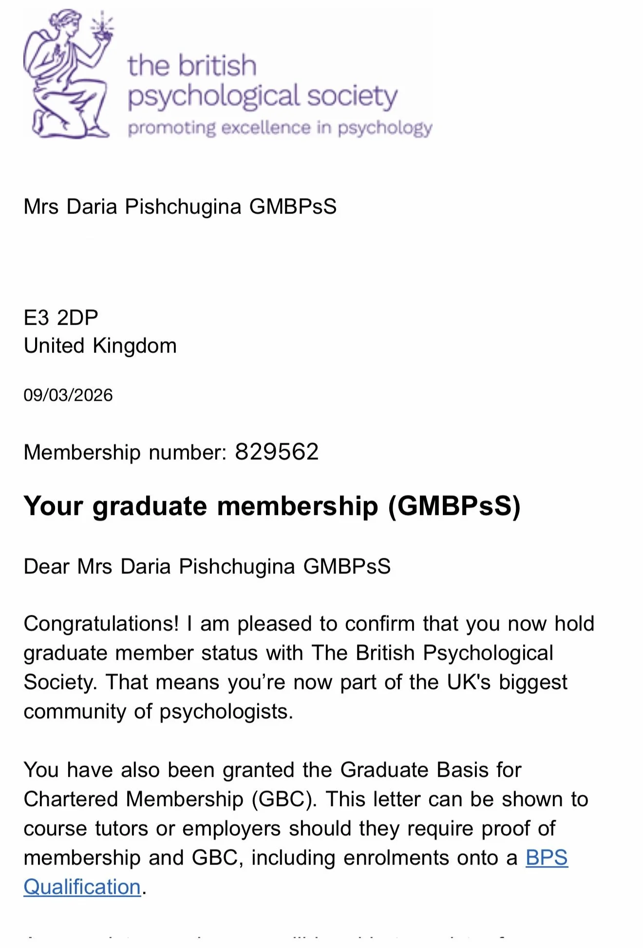 Letter from the British Psychological Society confirming graduate membership for Daria Pishchugina, dated March 9, 2026, with the society's logo and purple branding.