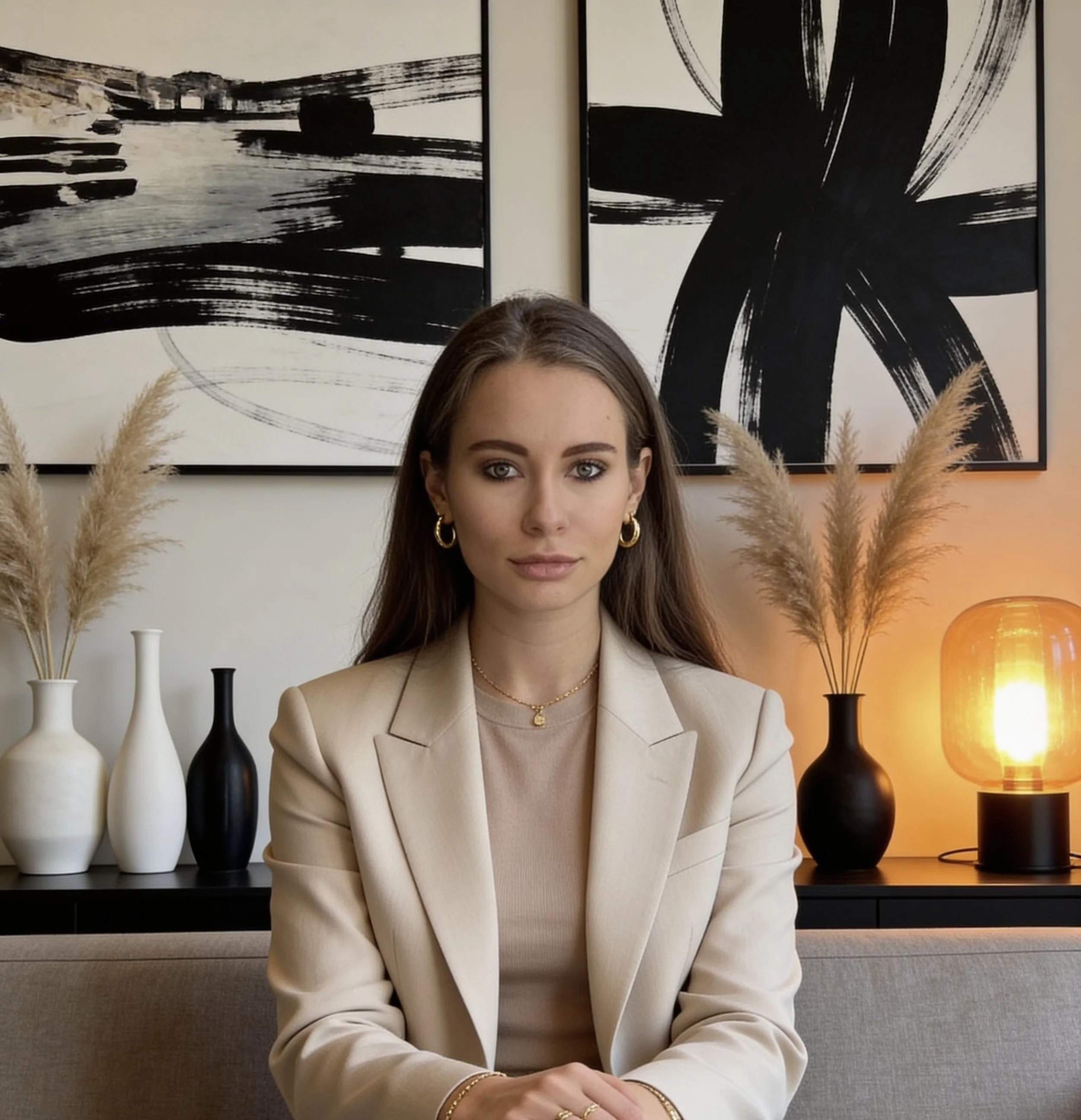 A woman with long brown hair and blue eyes, wearing a beige blazer and gold jewelry, sitting on a beige sofa in a modern interior with black and white abstract artwork, beige pampas grass in vases, and warm lighting from a table lamp.