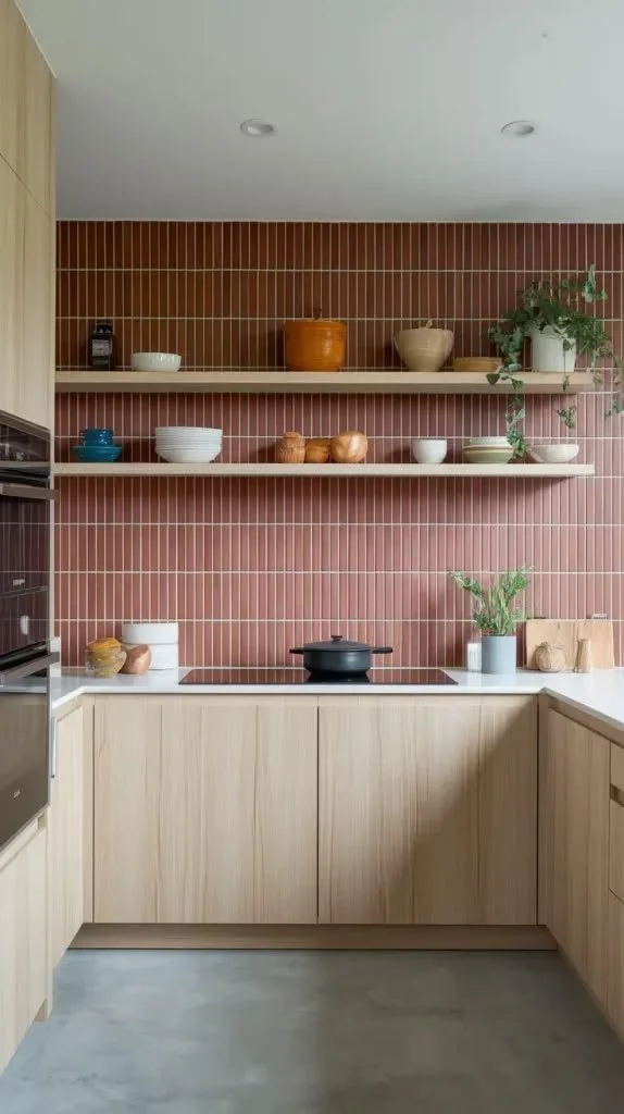 Cocina moderna con paredes de azulejos rojos, estantes de madera con utensilios y plantas, y encimera de color claro.