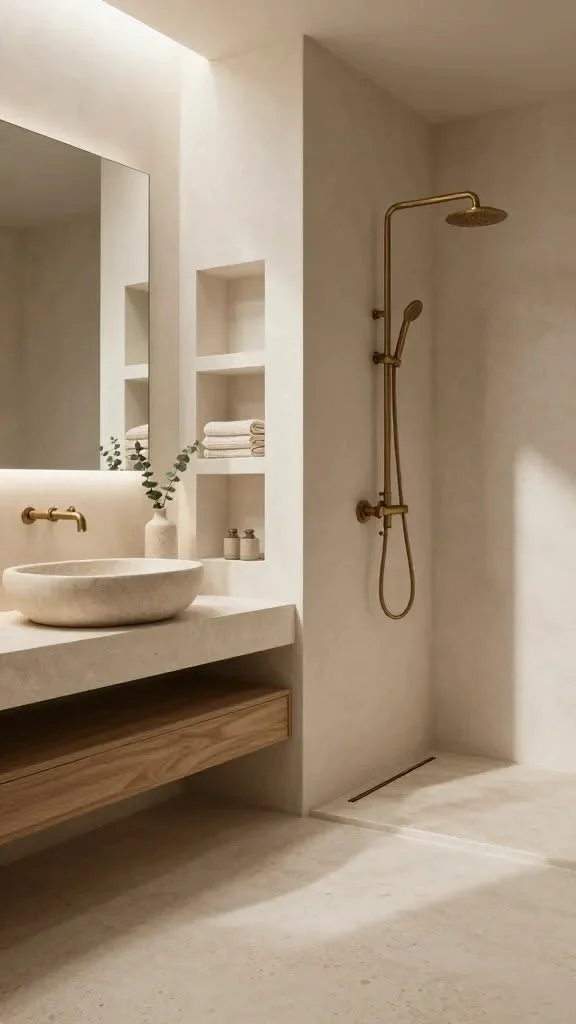 Baño con lavabo de piedra o cerámica, espejo grande, estantes con toallas y artículos, ducha con grifo dorado, una planta en un jarrón, paredes y suelo de color beige claro.