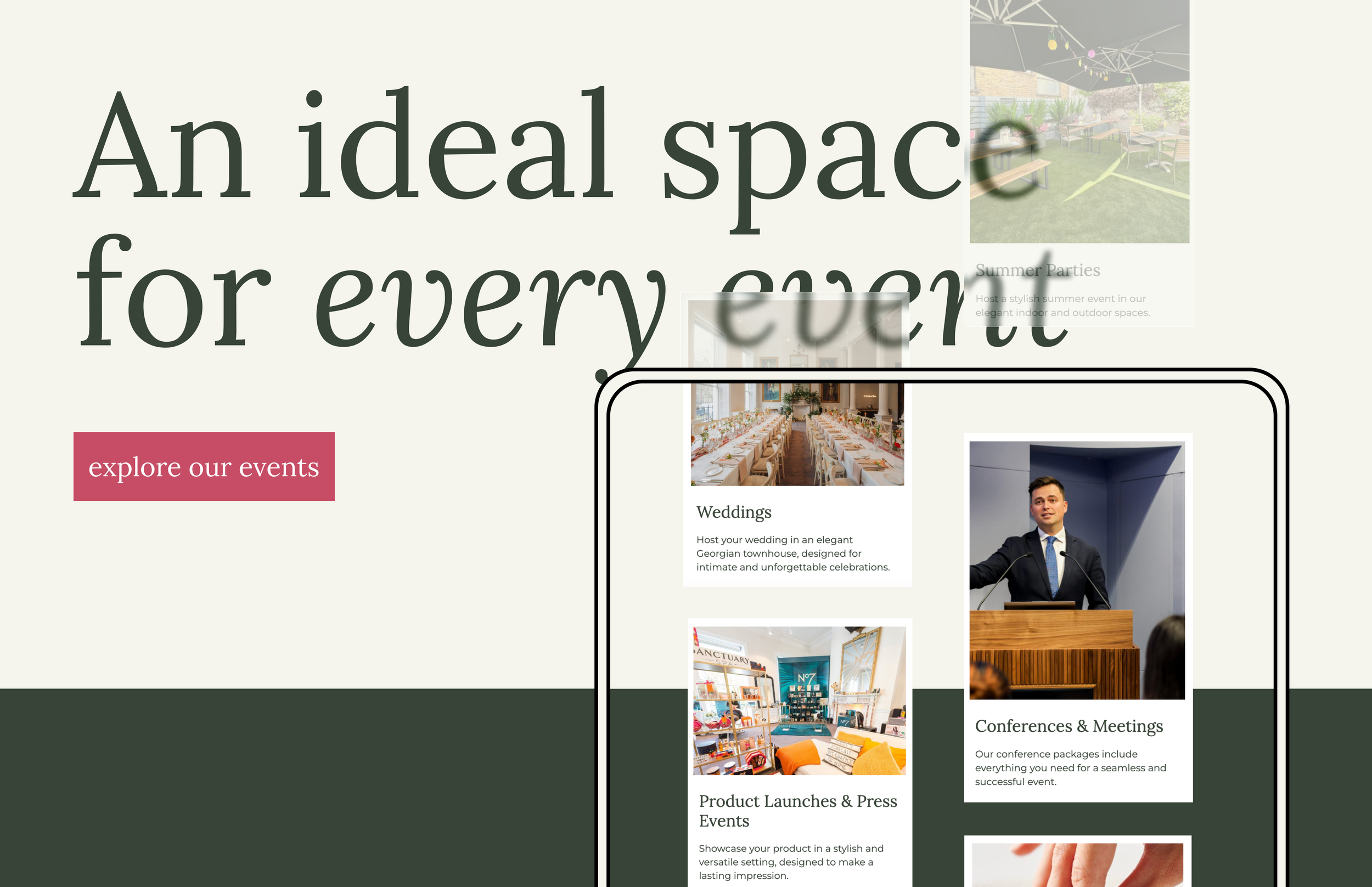 A webpage with large text reading 'An ideal space for every event,' a red button labeled 'explore our events,' and a semi-transparent overlay showing images of a wedding setup, a product launch event, and a conference with a speaker at a podium.