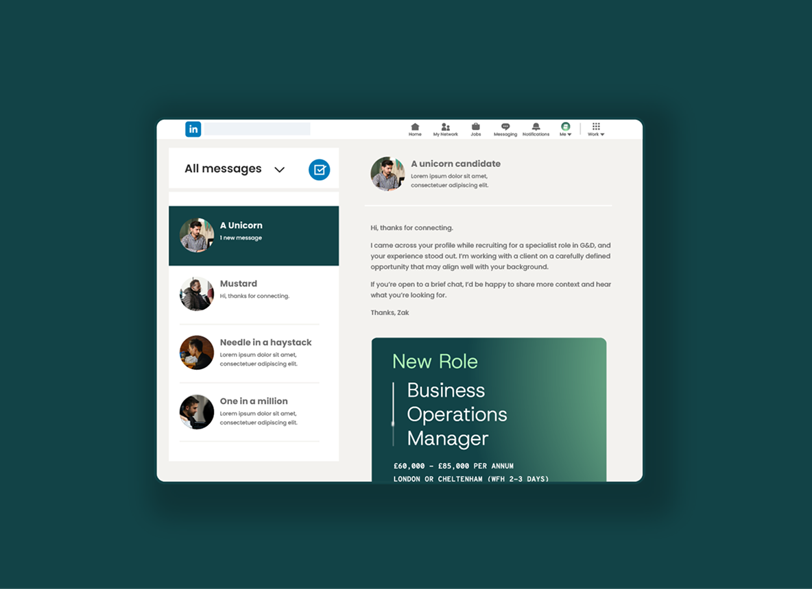 Screenshot of a LinkedIn inbox showing messages and a job listing for a Business Operations Manager role.