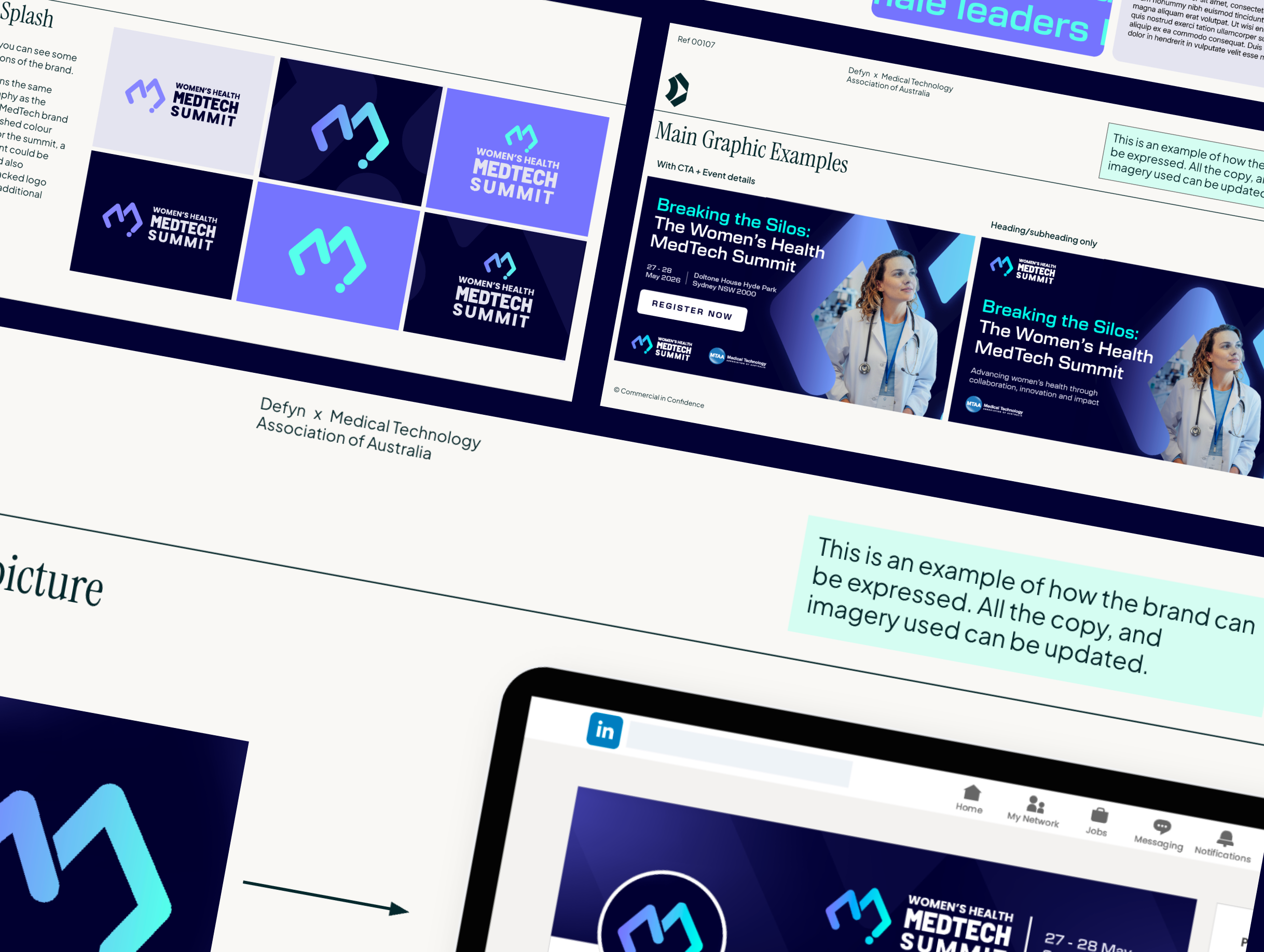 Design mockup featuring logo options, event details, and promotional content for the Women's Health MedTech Summit, with images of a healthcare professional and various branding elements.