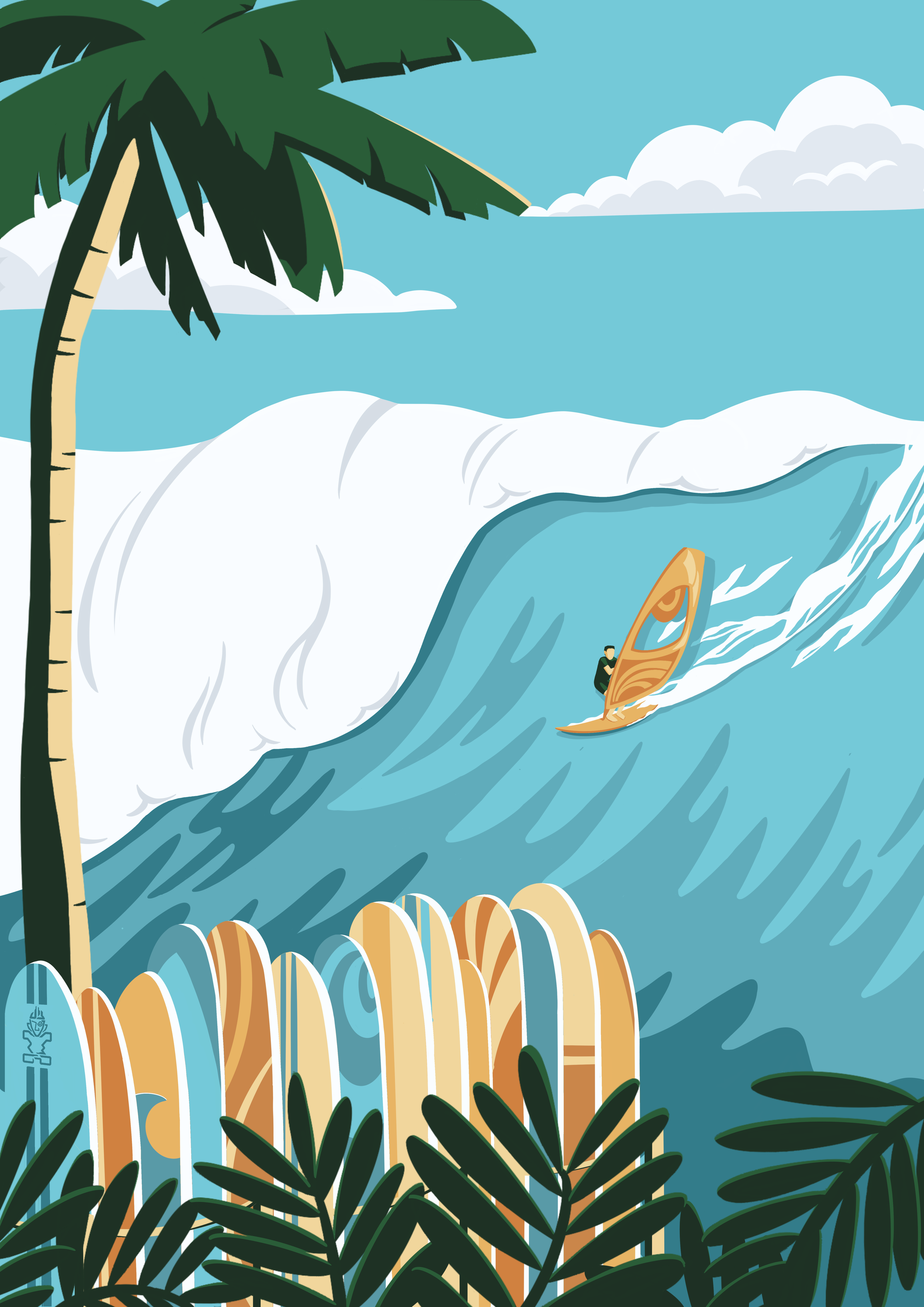 Illustration of a tropical beach scene with palm trees, wooden fence, and ocean waves. A person is surfing on a large wave.