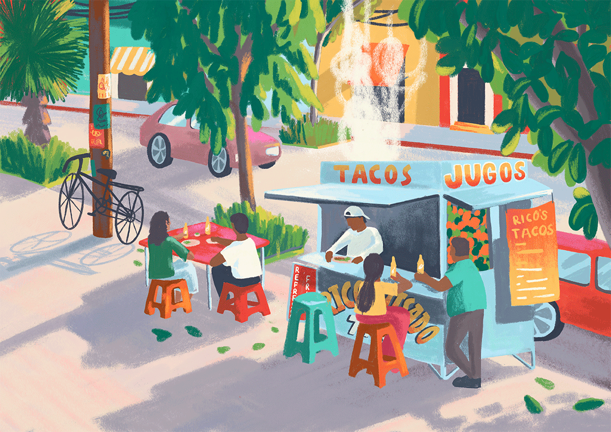 A street scene featuring a small food stand selling tacos and juices, with customers sitting on colorful stools and a person working behind the counter. There are trees, parked cars, and a bicycle attached to a pole in the background.