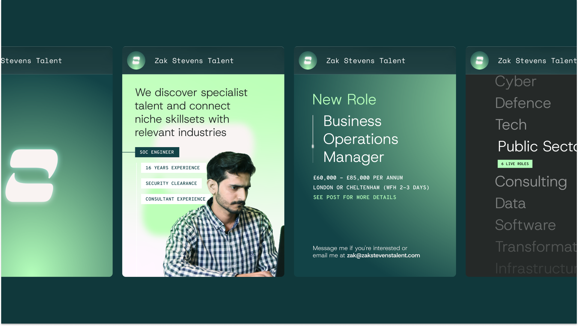 A series of digital career profile cards for Zak Stevens Talent, showcasing job opportunities in cyber defense, business operations management, and a variety of tech roles, with an emphasis on specialist skills and experience.