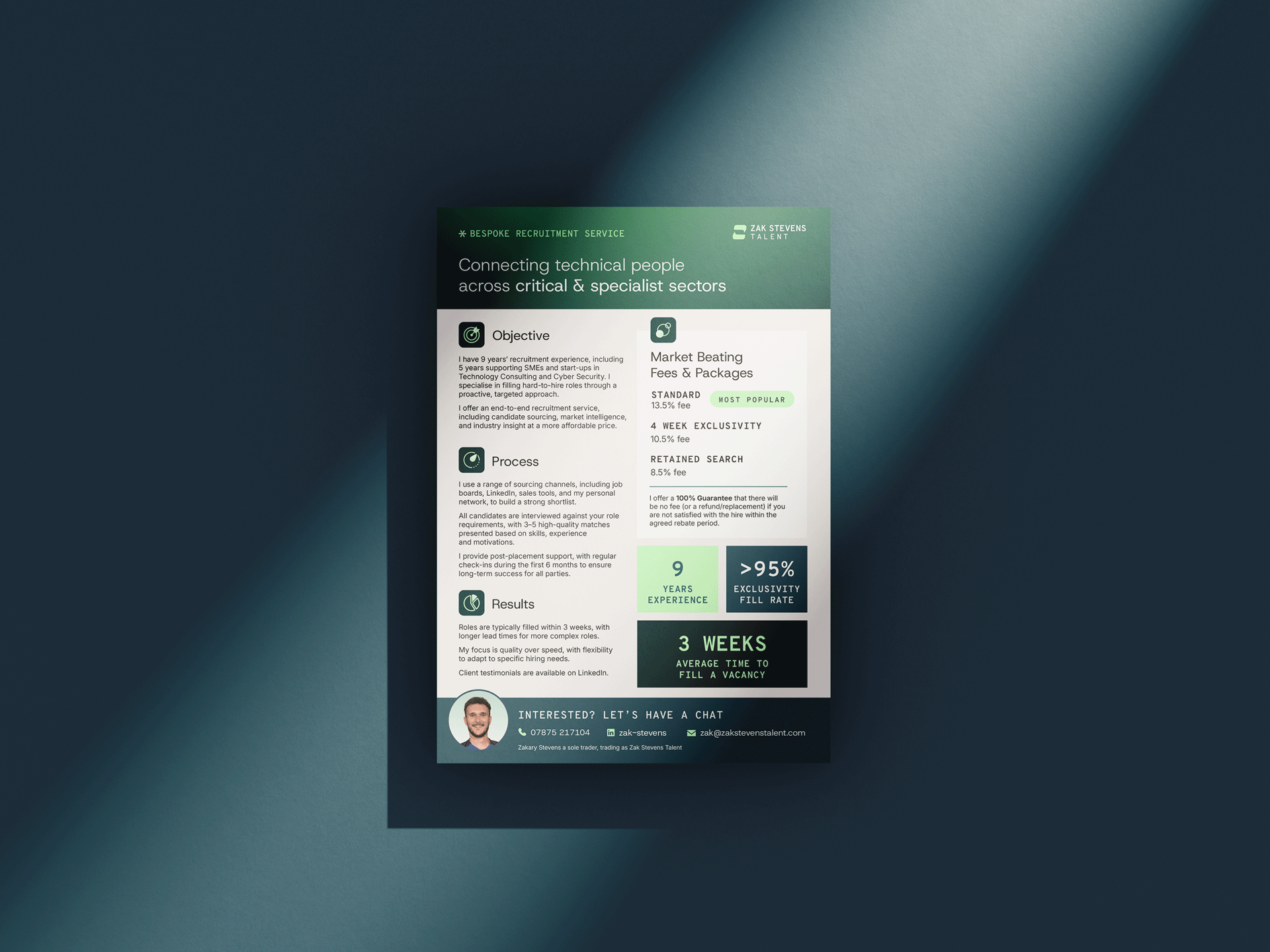 A professional recruitment flyer for Zak Stevens Talent, featuring information about connecting technical people across sectors, including objectives, processes, results, and contact details.