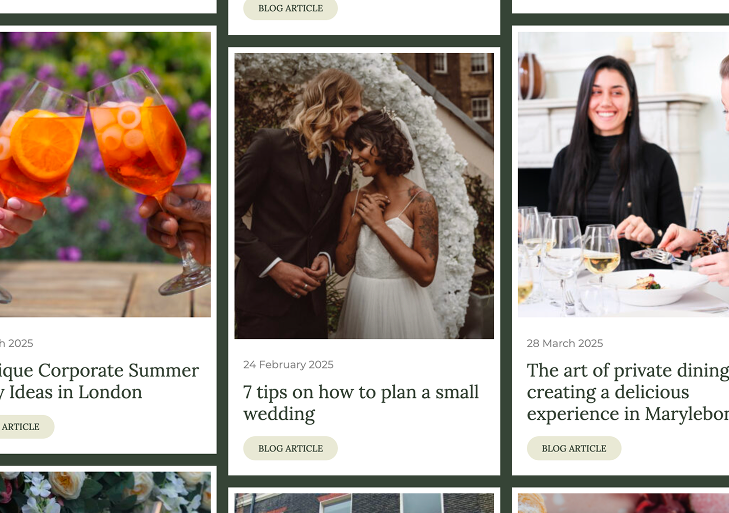 A screenshot of clickable cards displaying blog posts of a website. They are stylised as polaroid photos, with a white border around the image and behind the text. The cards are in a masonry layout, on a dark green background