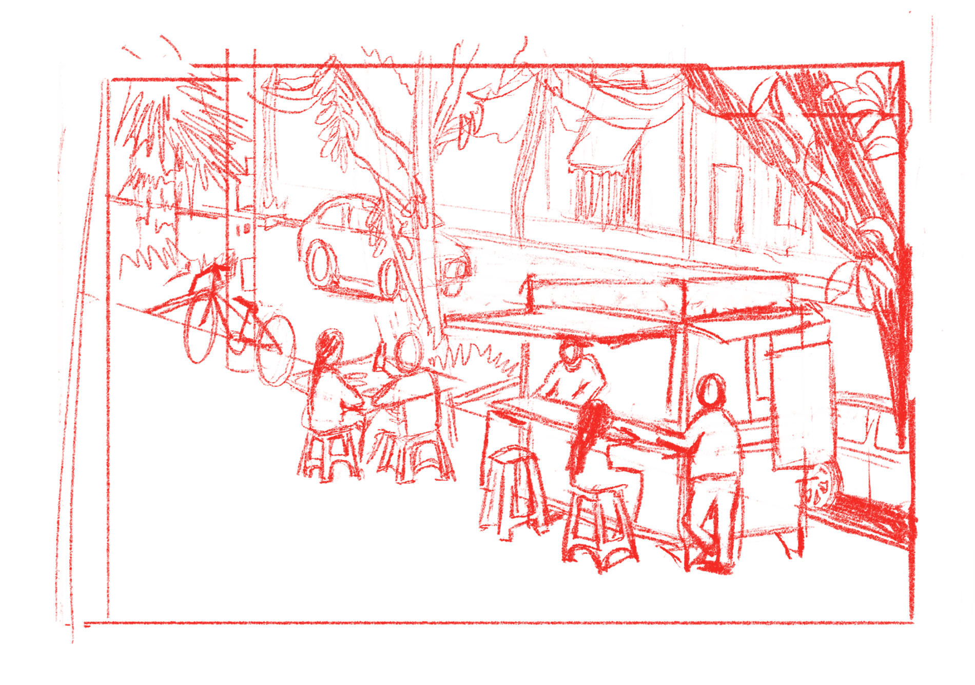 A line drawing of an outdoor sidewalk café with tables and chairs, a bar counter, and hanging plants, with people sitting and talking.