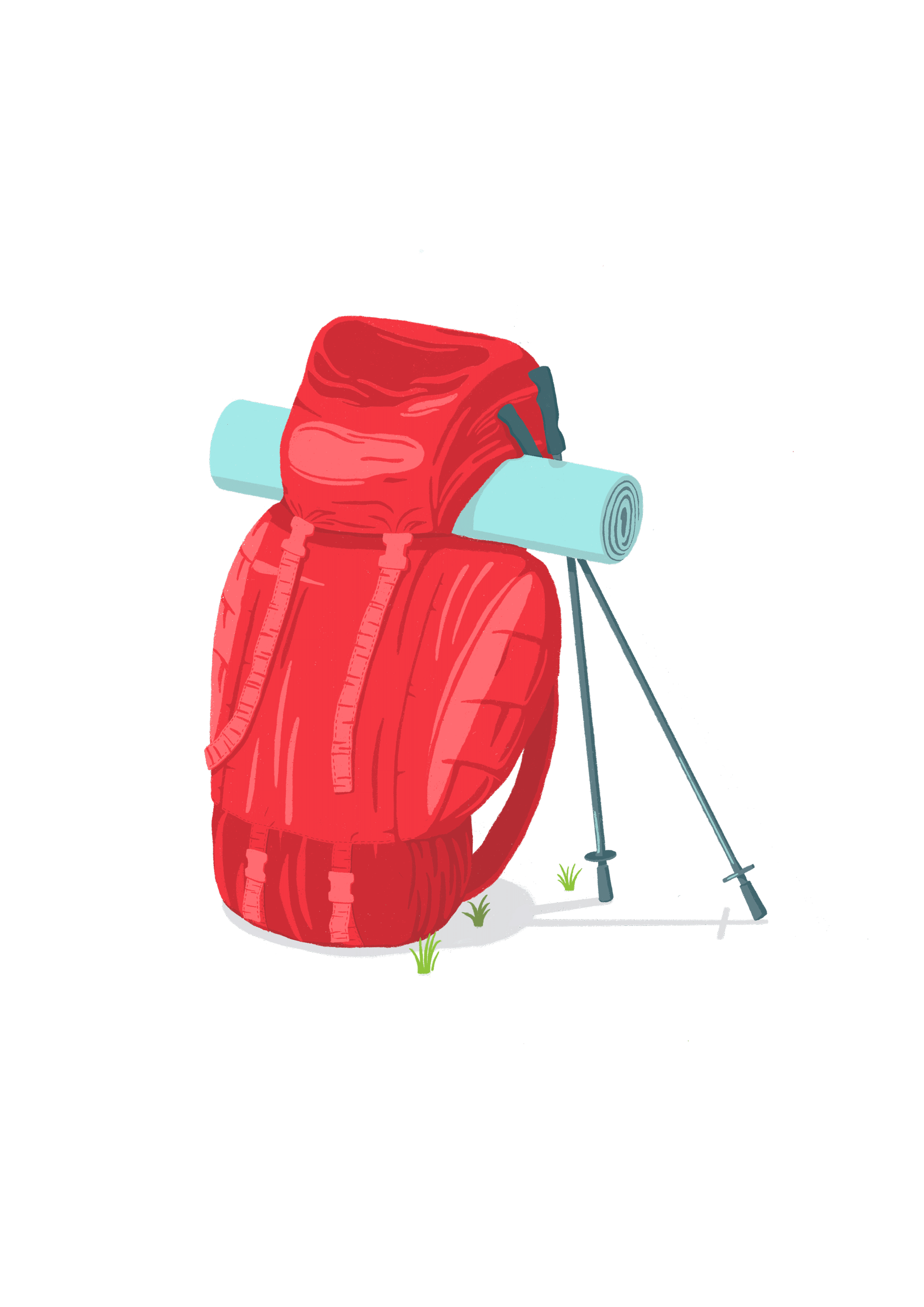 Red hiking backpack with a rolled-up sleeping pad attached, trekking poles leaning against it, and small patches of grass around