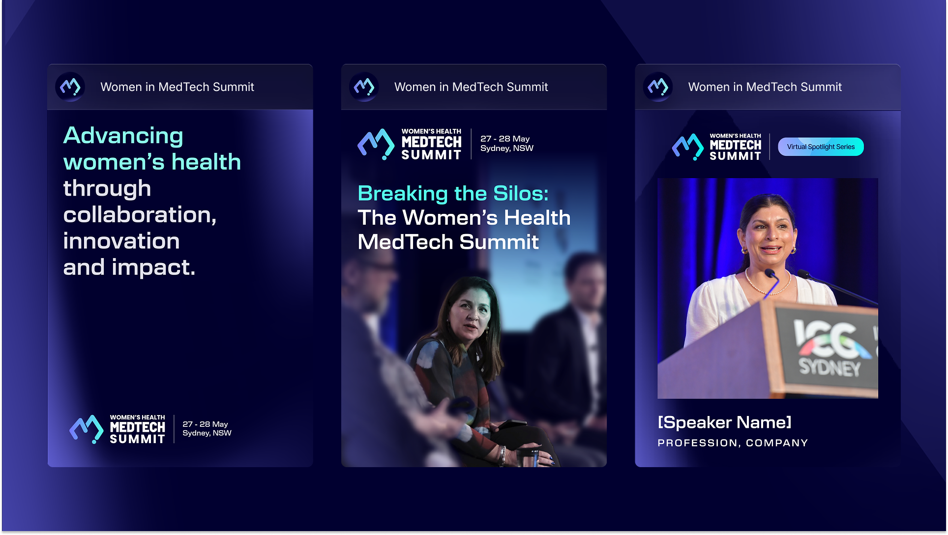 Screenshots of promotional slides and a speaker at the Women in MedTech Summit, Sydney, May 27-28, featuring themes of women’s health, collaboration, innovation, and impact, with images of speakers and conference branding.