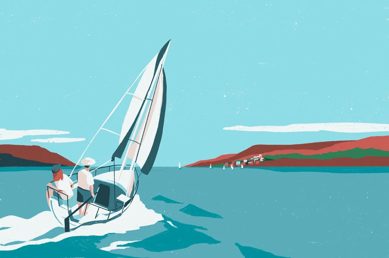 Illustration of two people sailing on a boat in a large blue body of water with distant hills and a small cluster of houses.