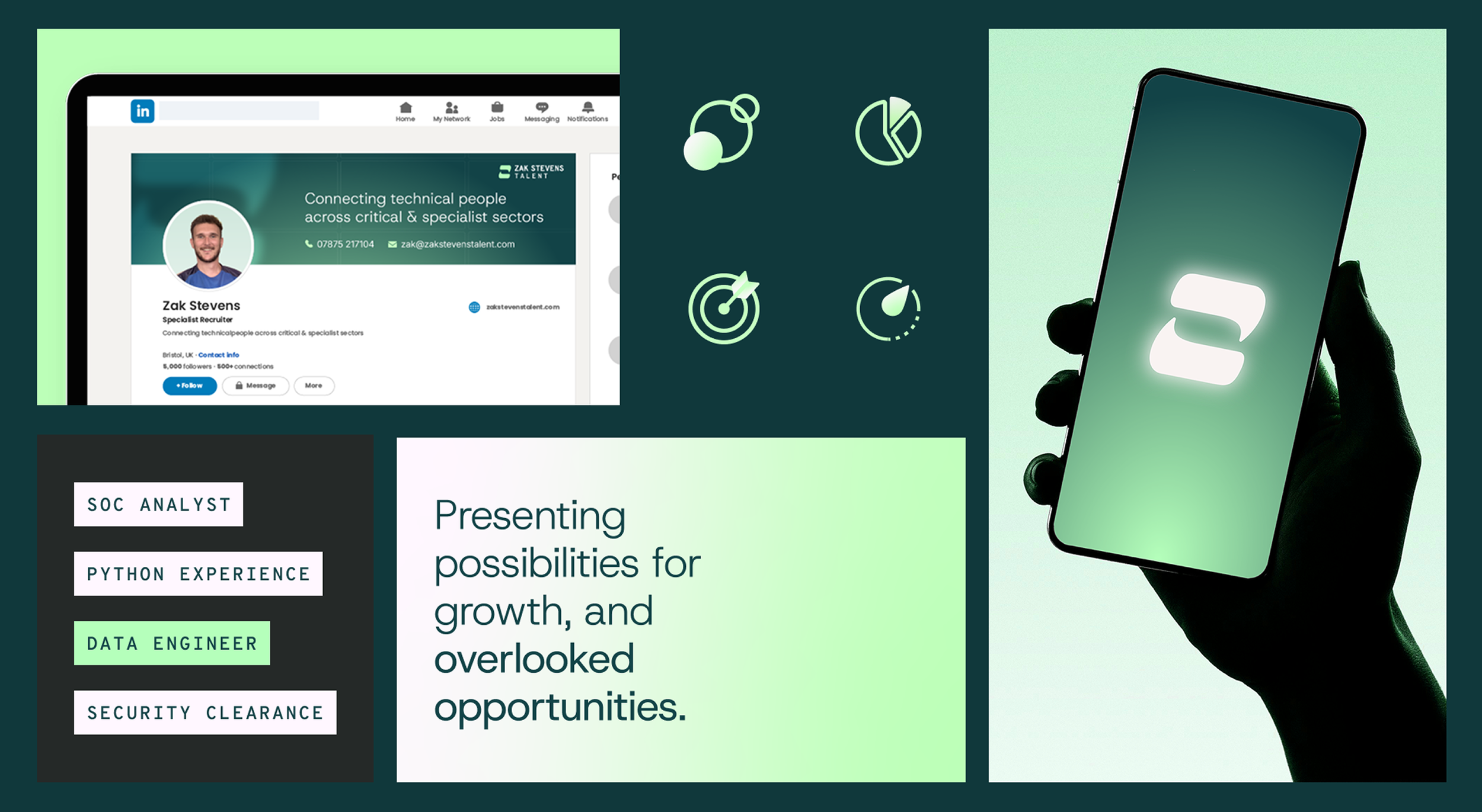 Gallery of digital marketing and technology visuals including a LinkedIn profile, icons representing analytics, a hand holding a smartphone with a logo, and text about presenting growth opportunities and career skills.