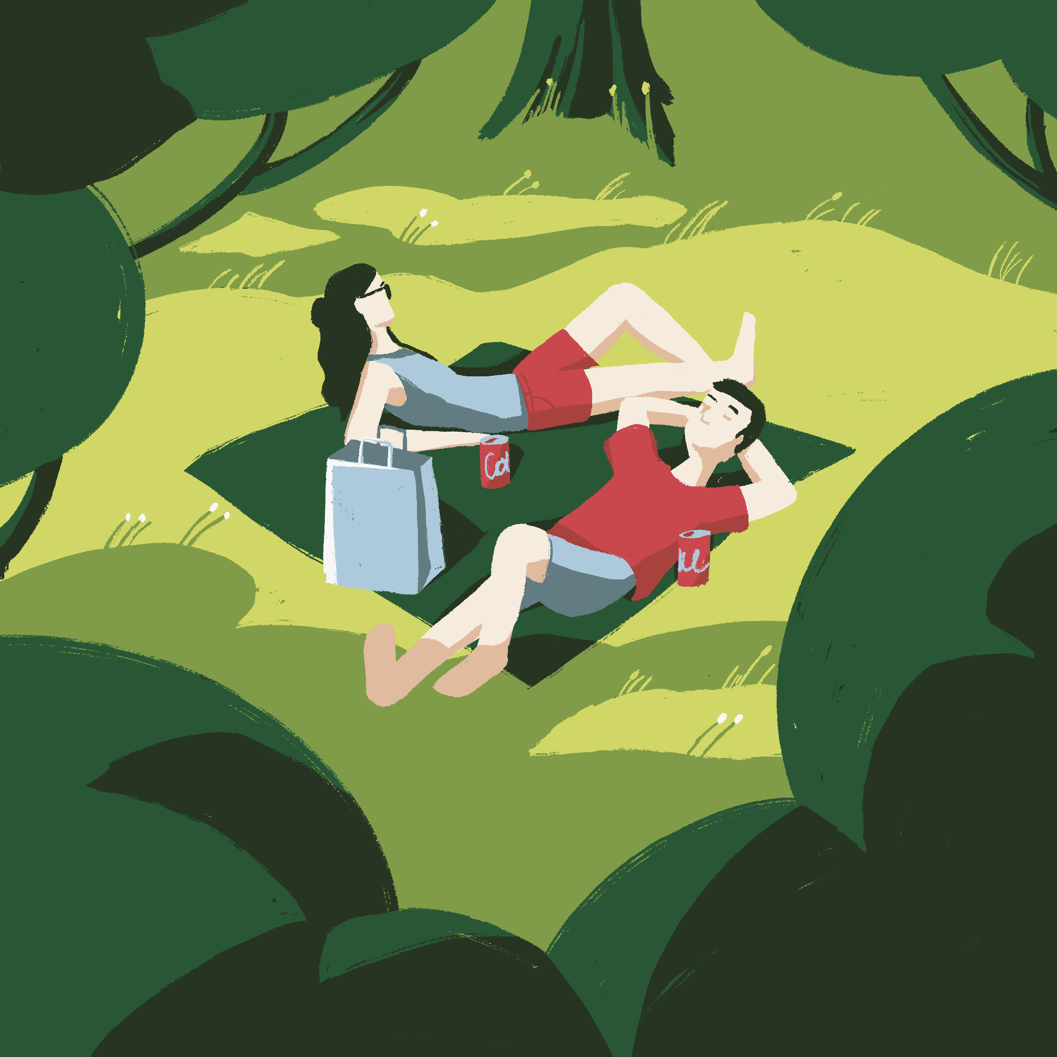 Awoman and a man are relaxing on picnic mats outdoors surrounded by large green leaves. The woman is lying on her side wearing sunglasses, a blue top, and red shorts. The man is lying on his back with his hands behind his head, wearing a red shirt and gray shorts. They.