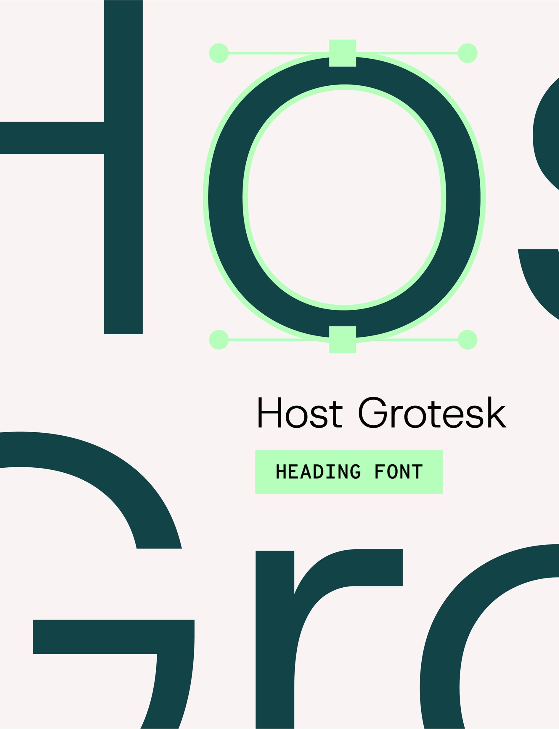 Close-up of graphic design showcasing the word 'HOST' in large, stylized font with a focus on the letter 'O' surrounded by design elements, accompanied by the text 'Host Grotesk' and a label 'Heading Font' in a green box.